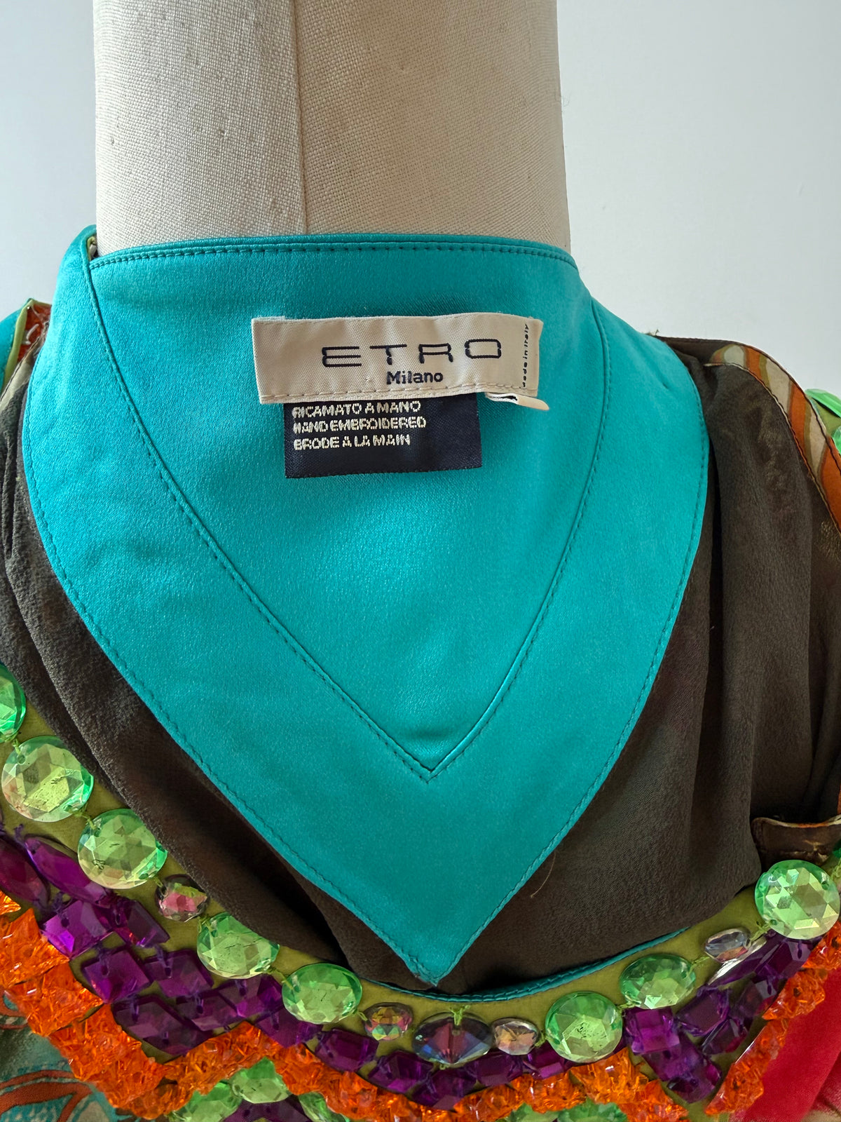 Y2K Etro Silk Floral Dress w Gemstone Neckline