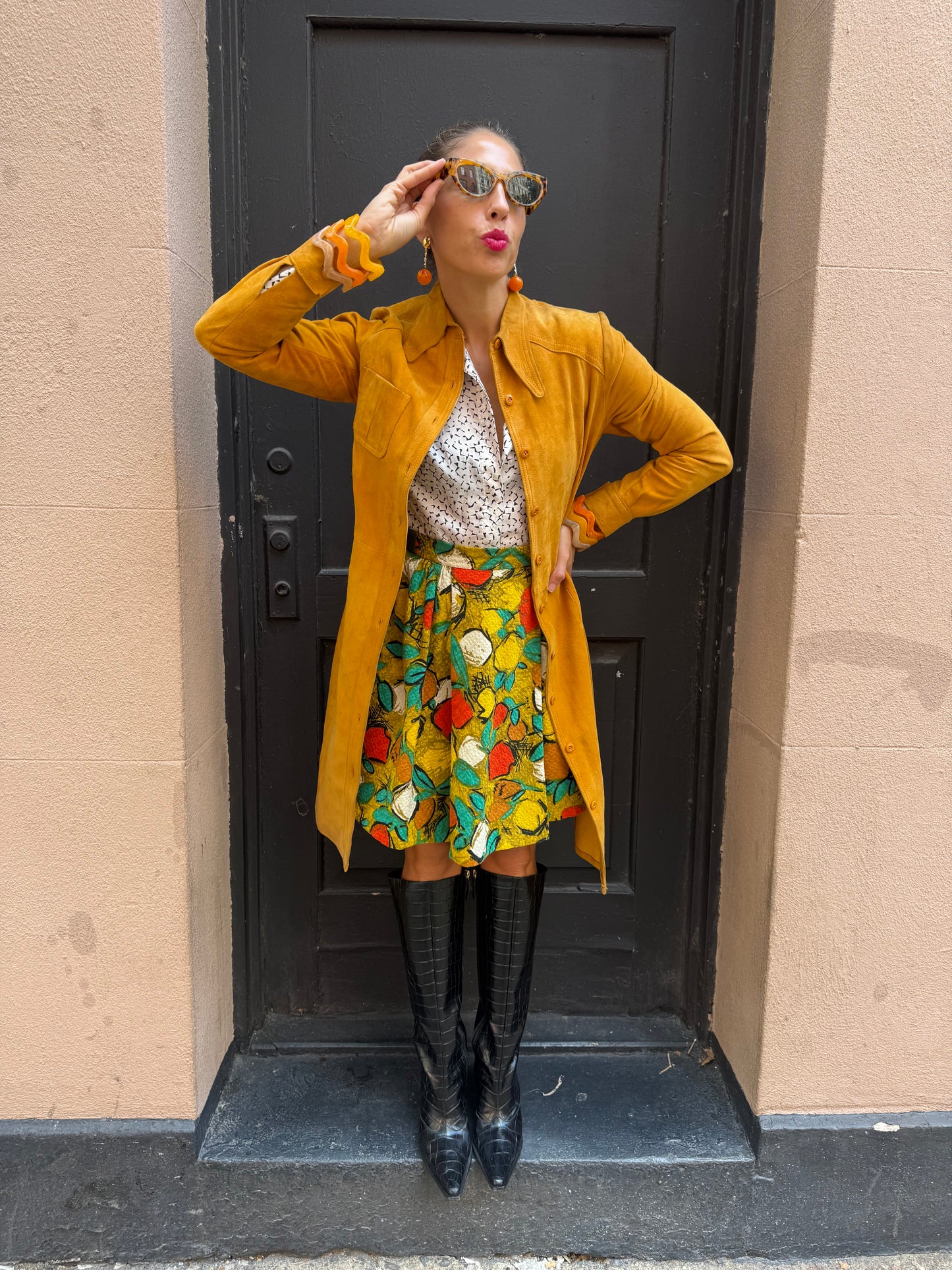 70s Mustard Yellow Sheepskin Suede Dress/Coat
