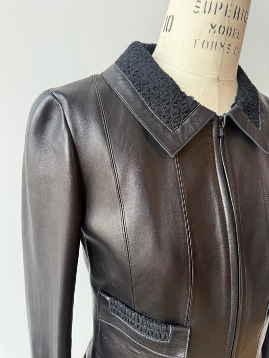 2004 Chanel Leather Jacket w Zipper & Silk Trim