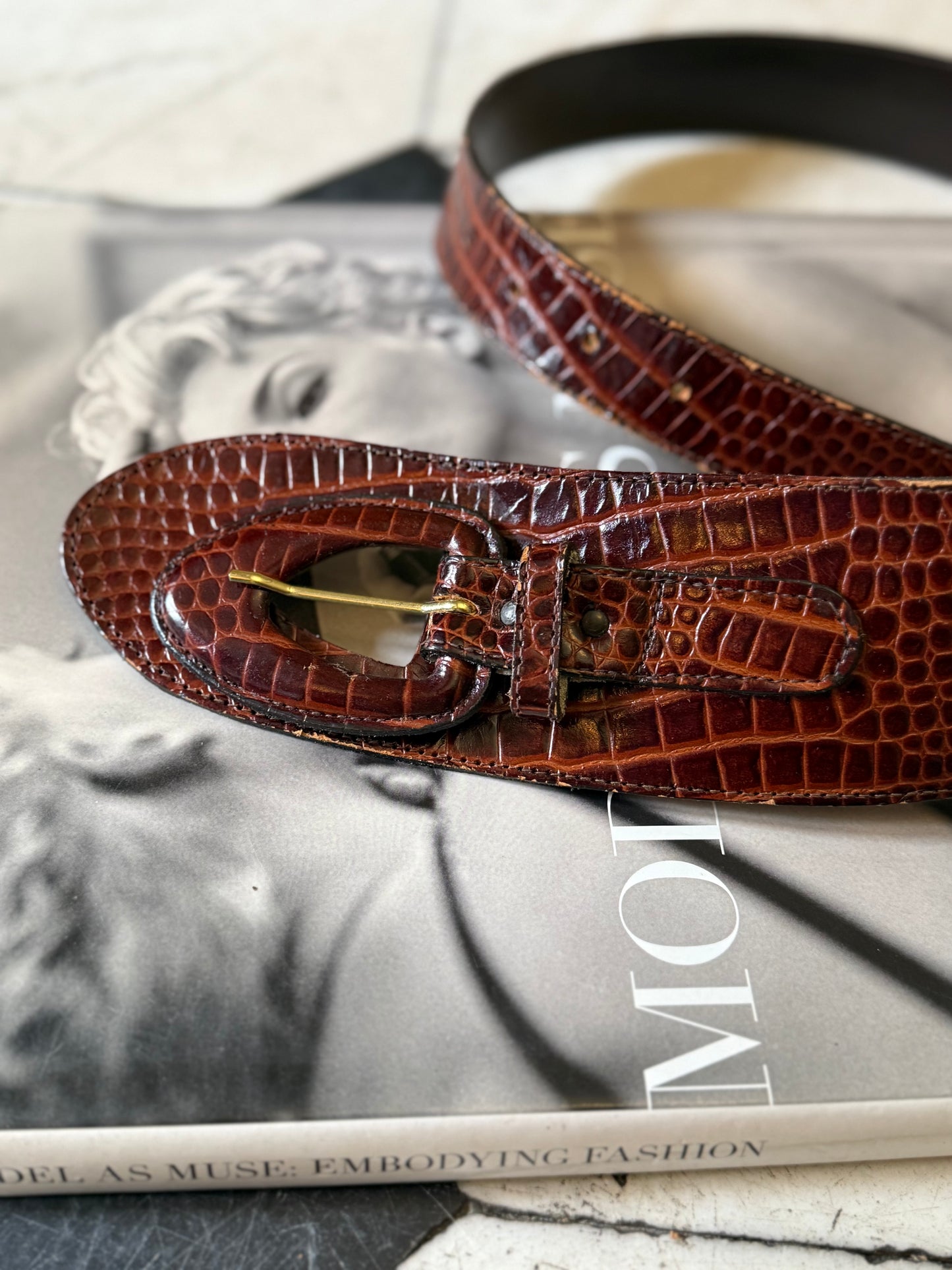 80s Brown Embossed Leather Belt, 27"-31"
