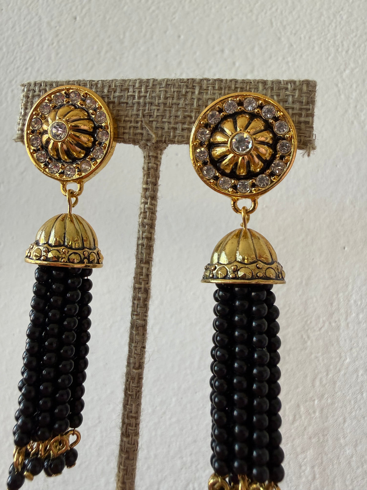 Vintage Avon Gold-Tone Black Beaded Tassel Earrings