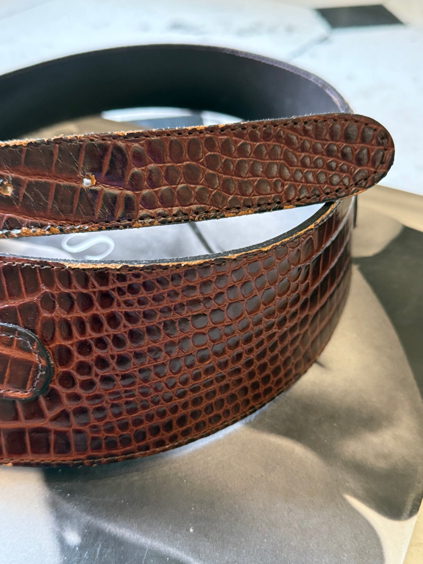 80s Brown Embossed Leather Belt, 27"-31"