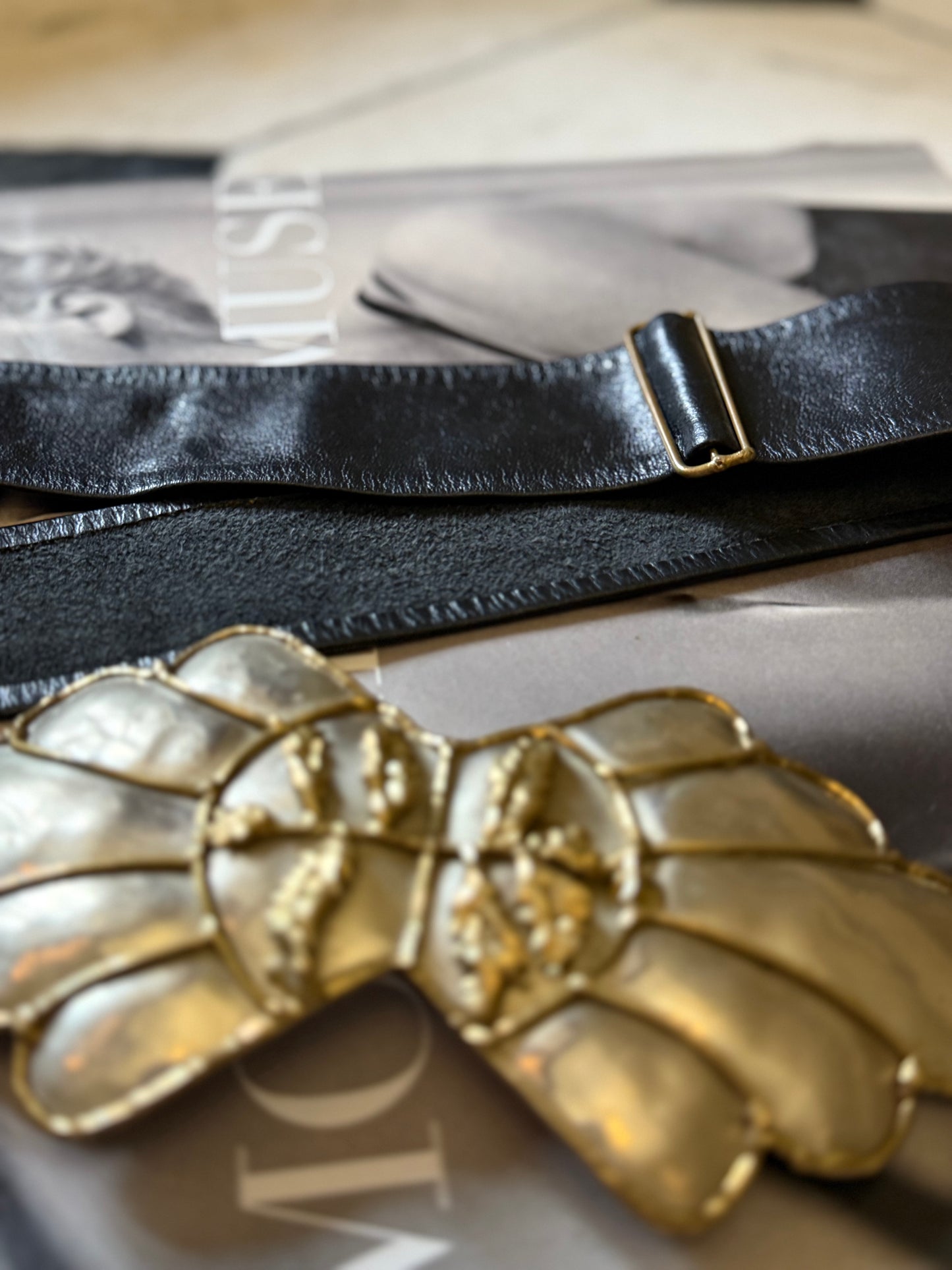 Vintage Black Leather Belt 2-Toned Buckle, up to 43"