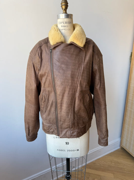 80s Distressed Leather Aviator Bomber Jacket