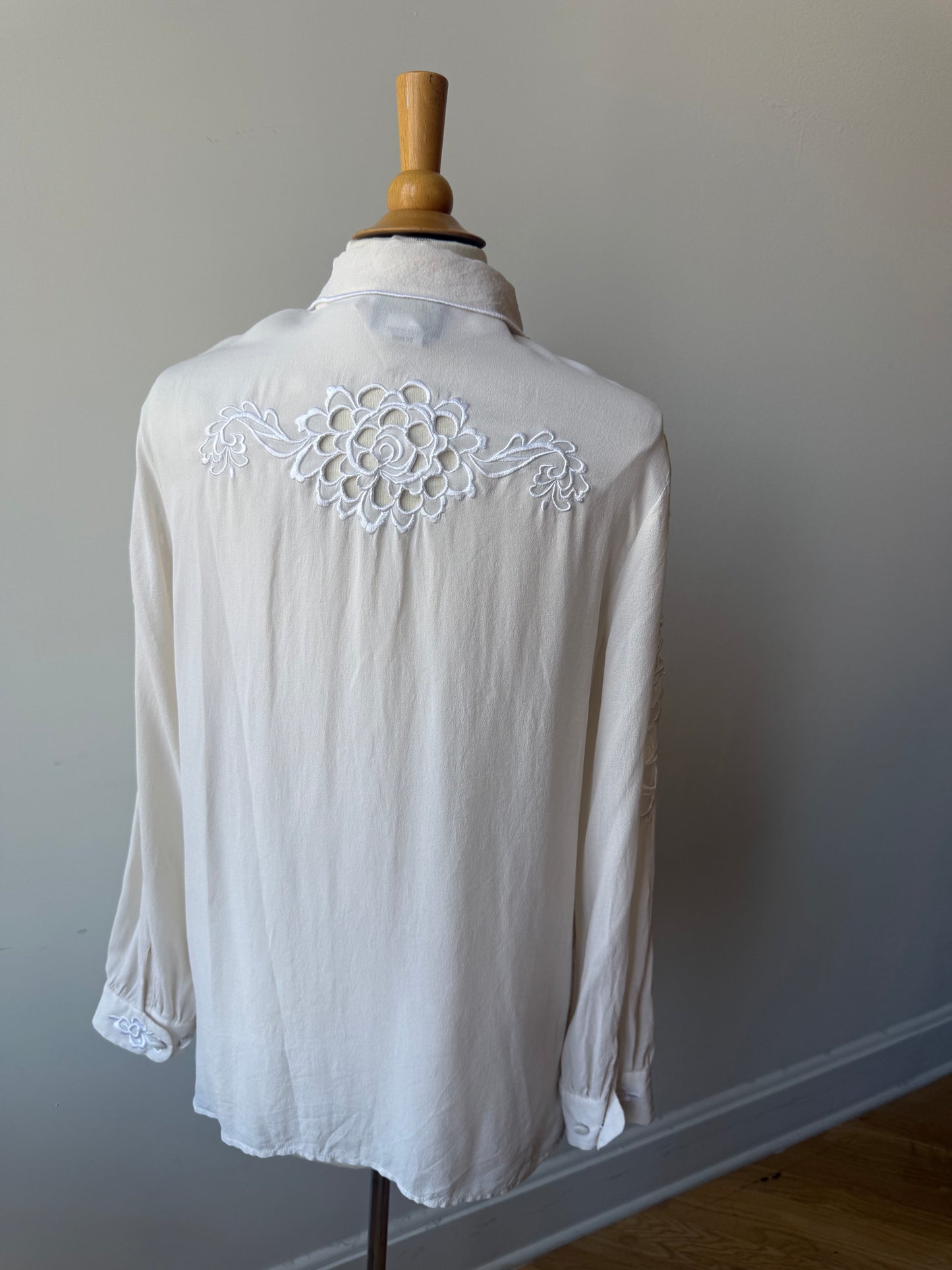 90s Bob Mackie White Silk Cutaway & Embroidered Blouse