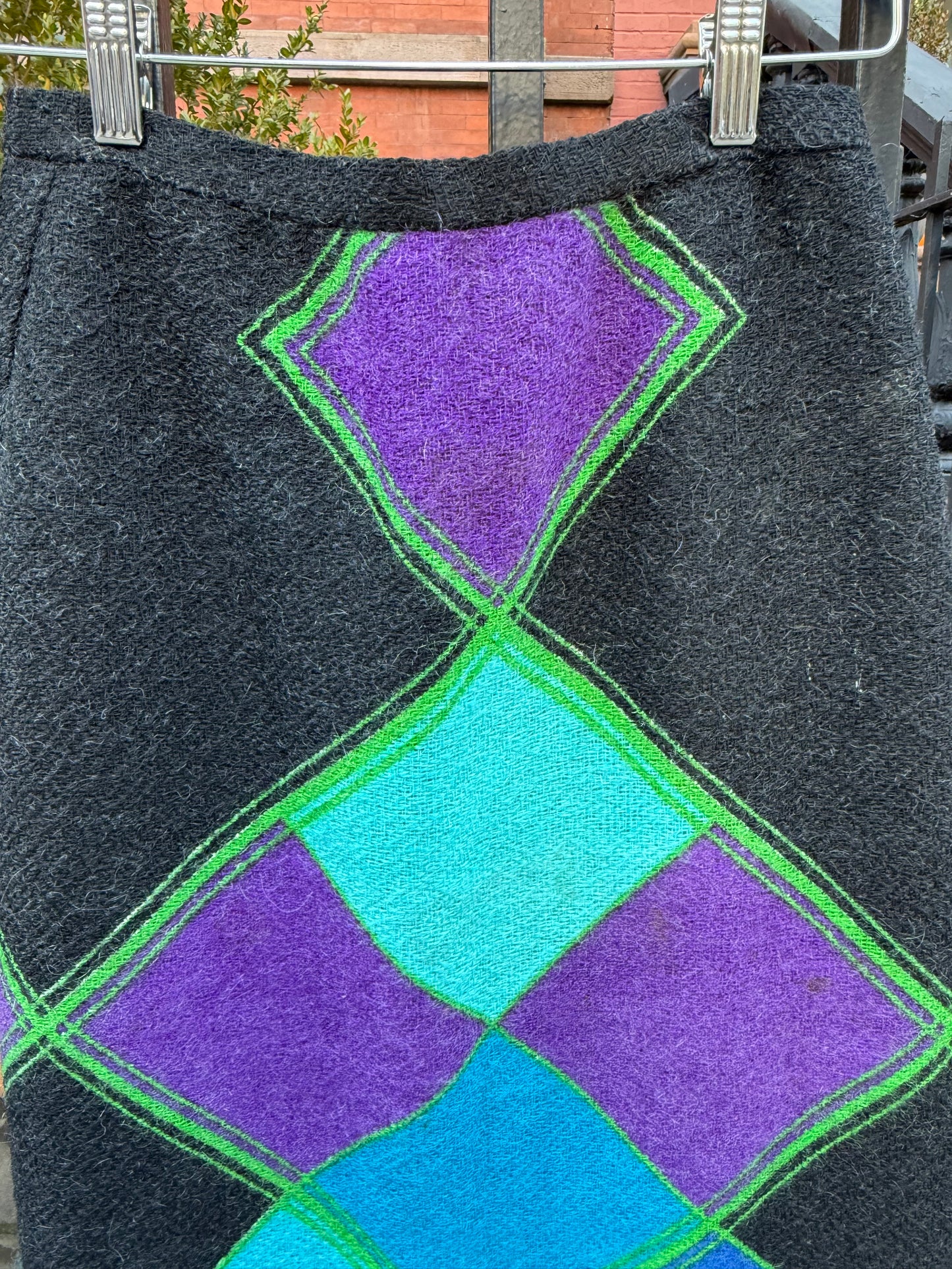 70s Wool Argyle Maxi Skirt with Asymmetrical Hem