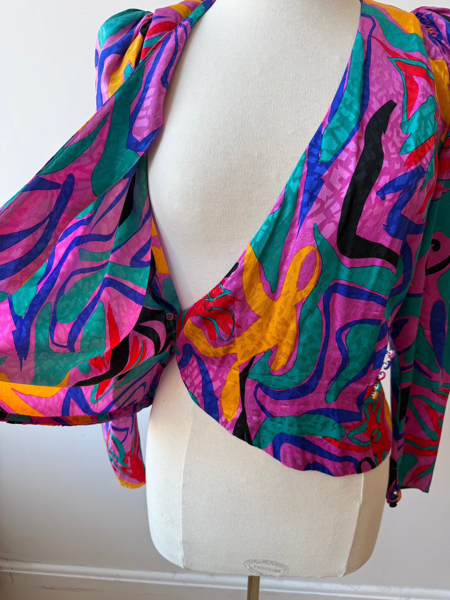 80s Flora Kung Multicolor Silk Blouse