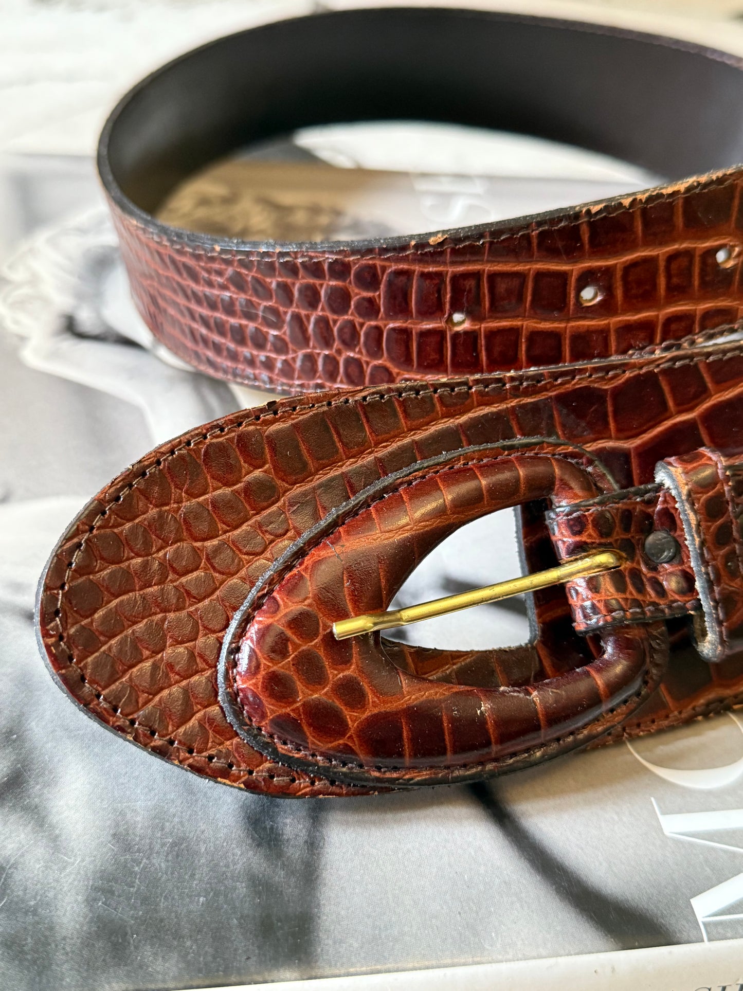 80s Brown Embossed Leather Belt, 27"-31"