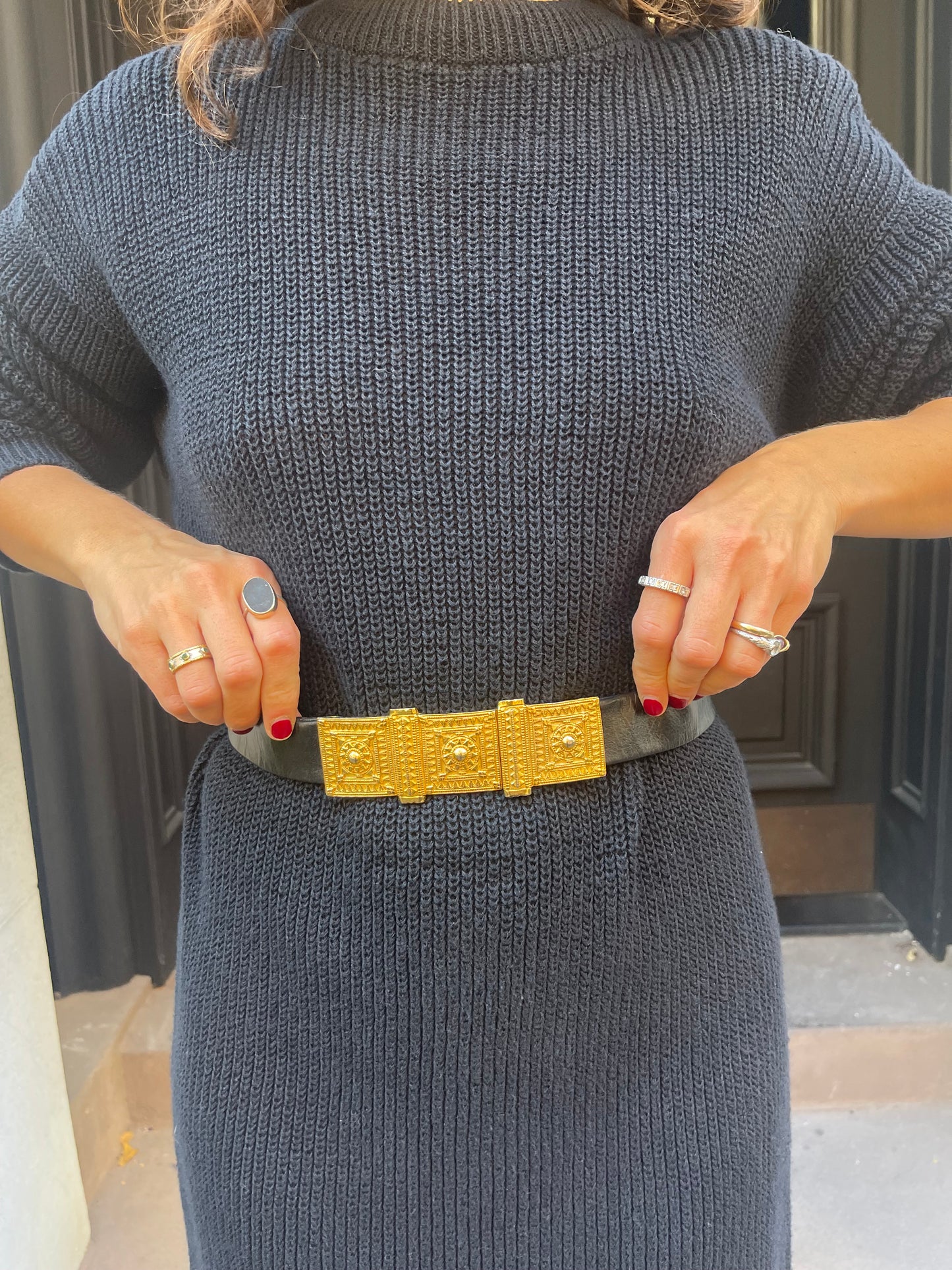 80s black leather gold buckle belt