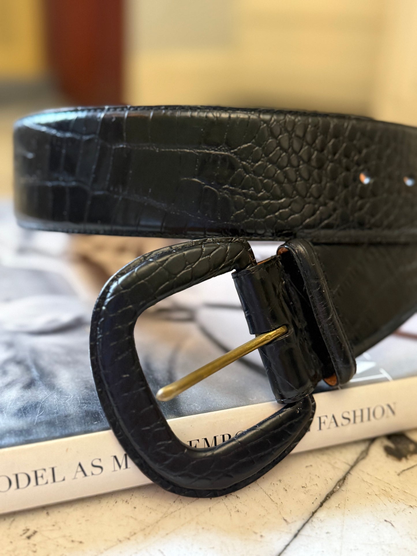 RL Black Croc Embossed Belt, 29"-33"