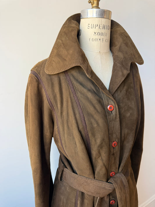 70s Brown Suede Trench w. knit details & belt