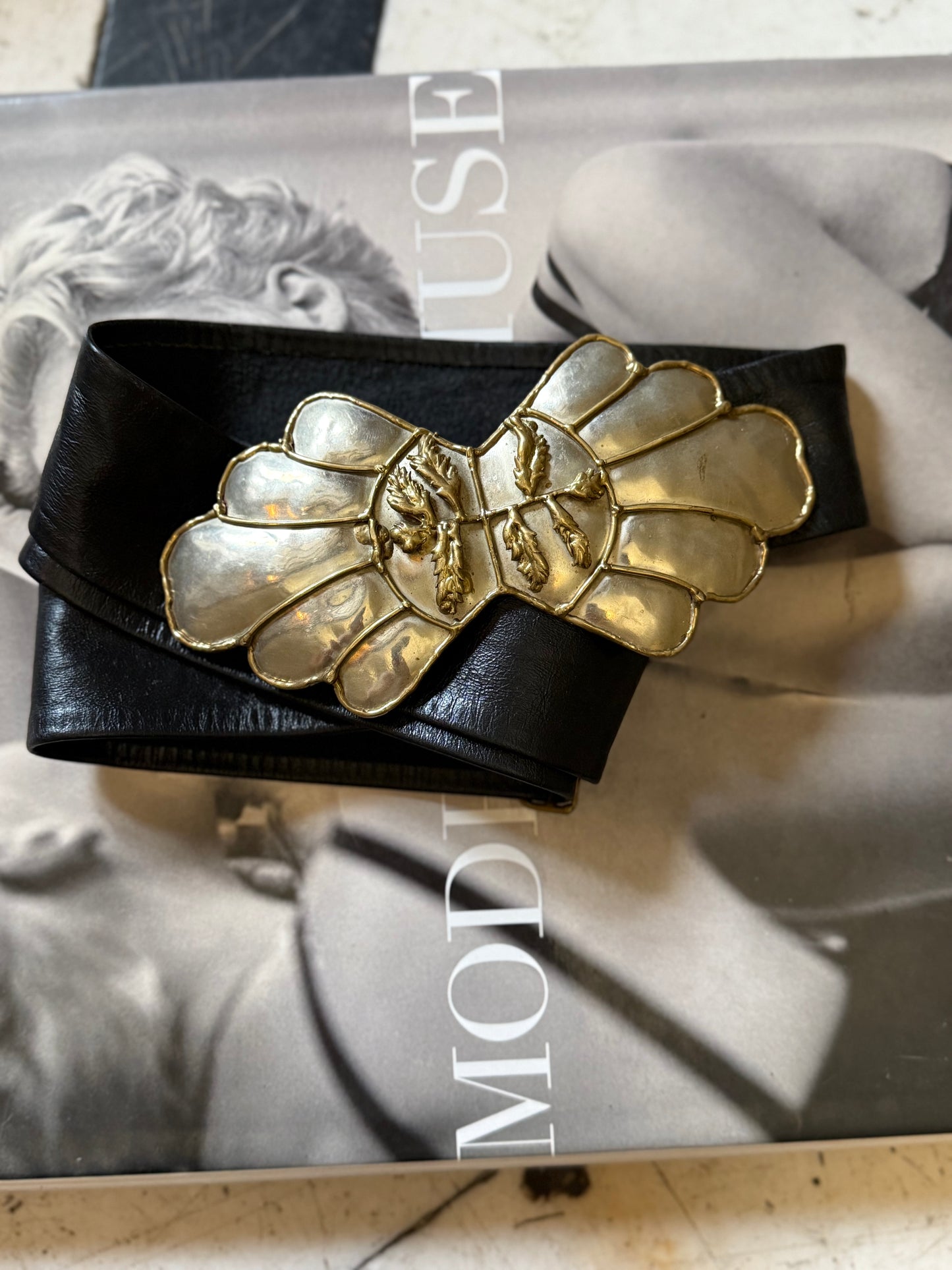 Vintage Black Leather Belt 2-Toned Buckle, up to 43"