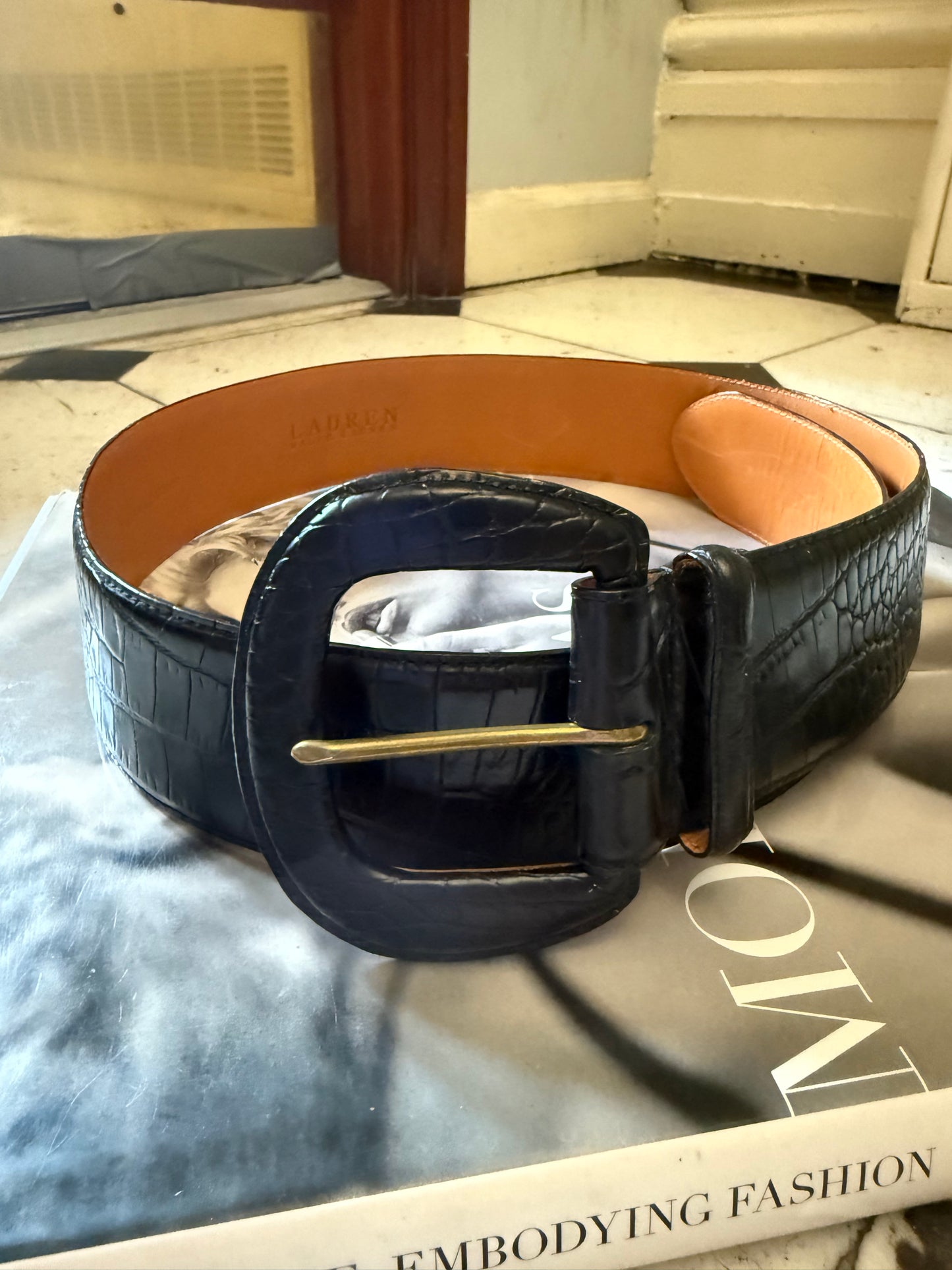 RL Black Croc Embossed Belt, 29"-33"