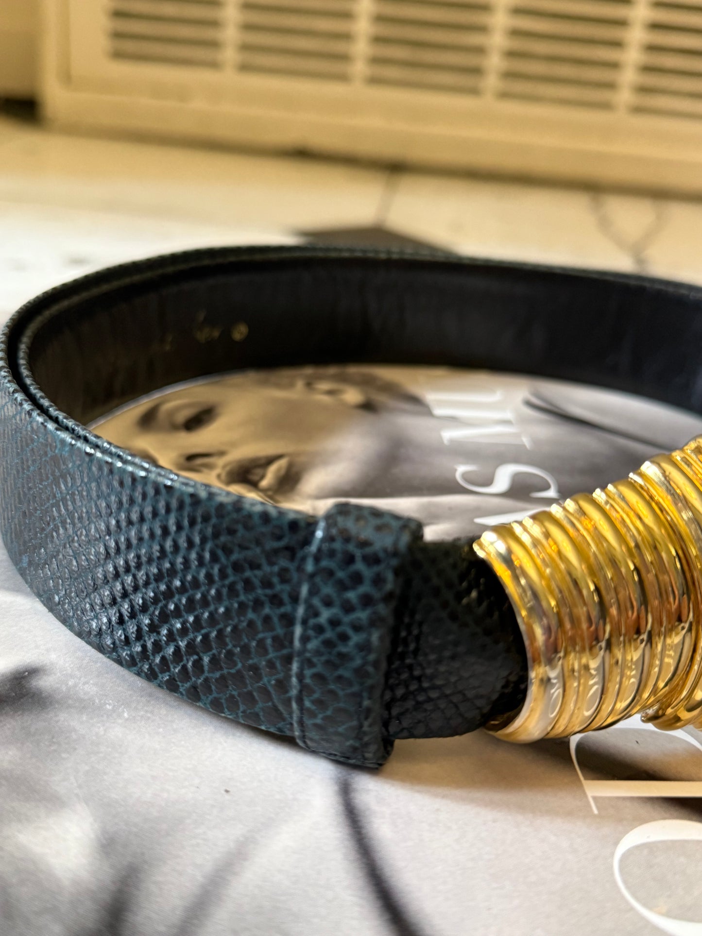 Judith Leiber Blue Snakeskin Belt, up to 40"