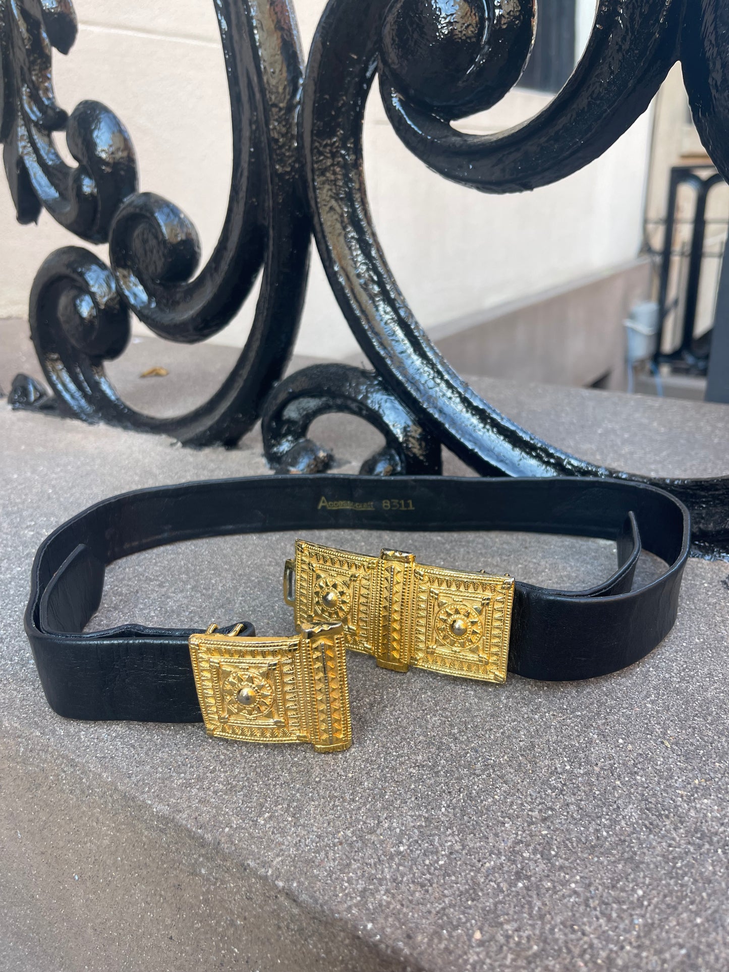 80s black leather gold buckle belt