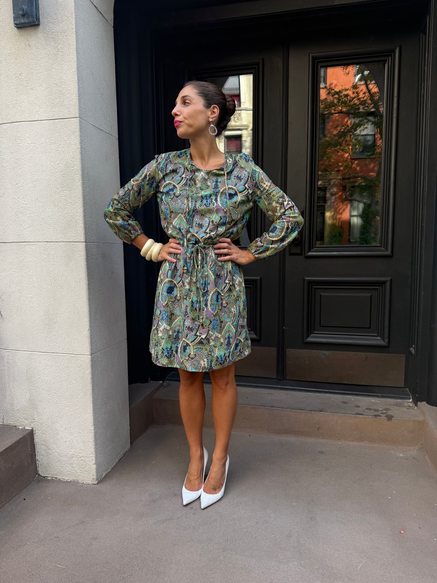 1970s French Lurex Paisley Print Dress
