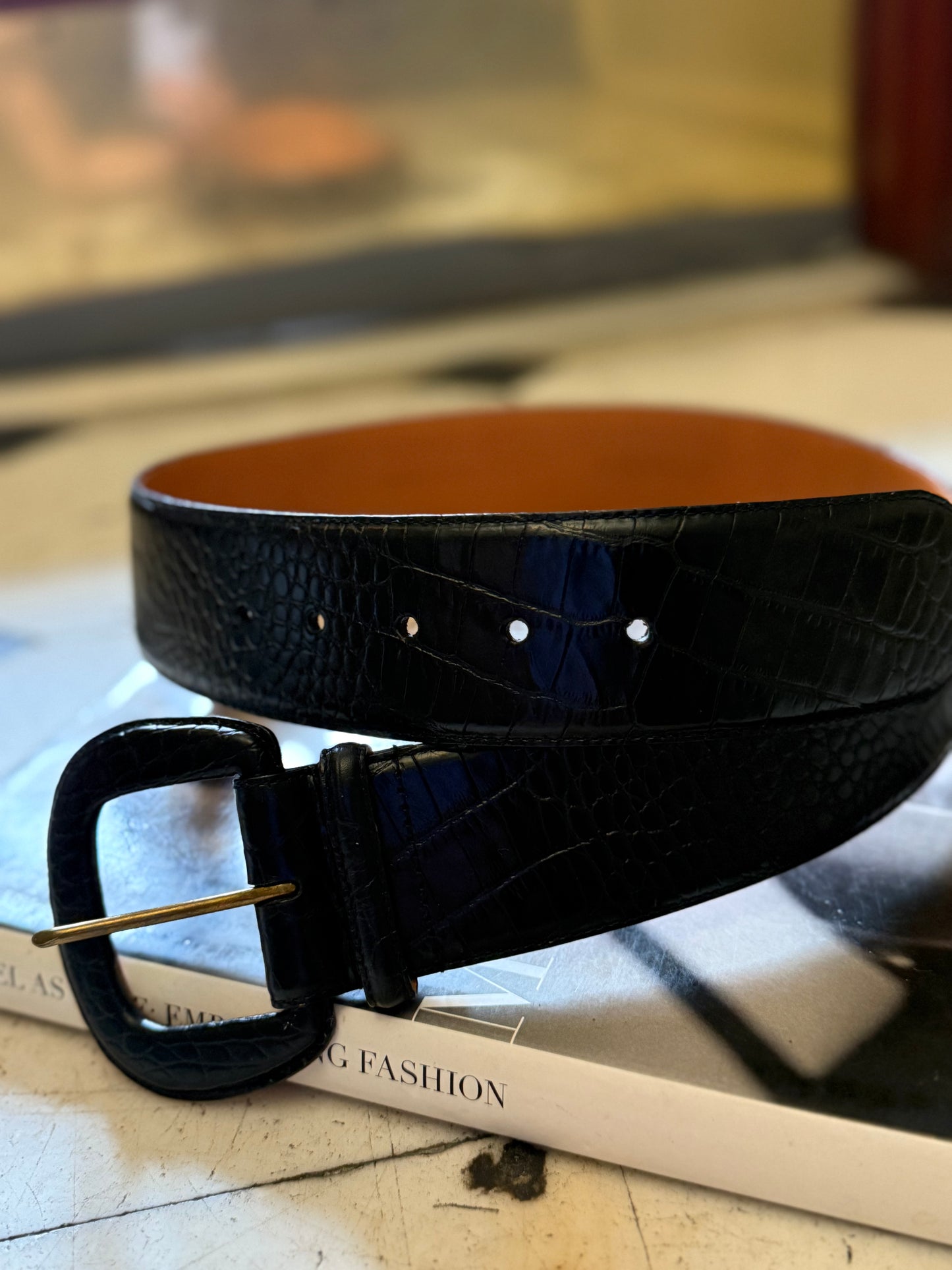 RL Black Croc Embossed Belt, 29"-33"