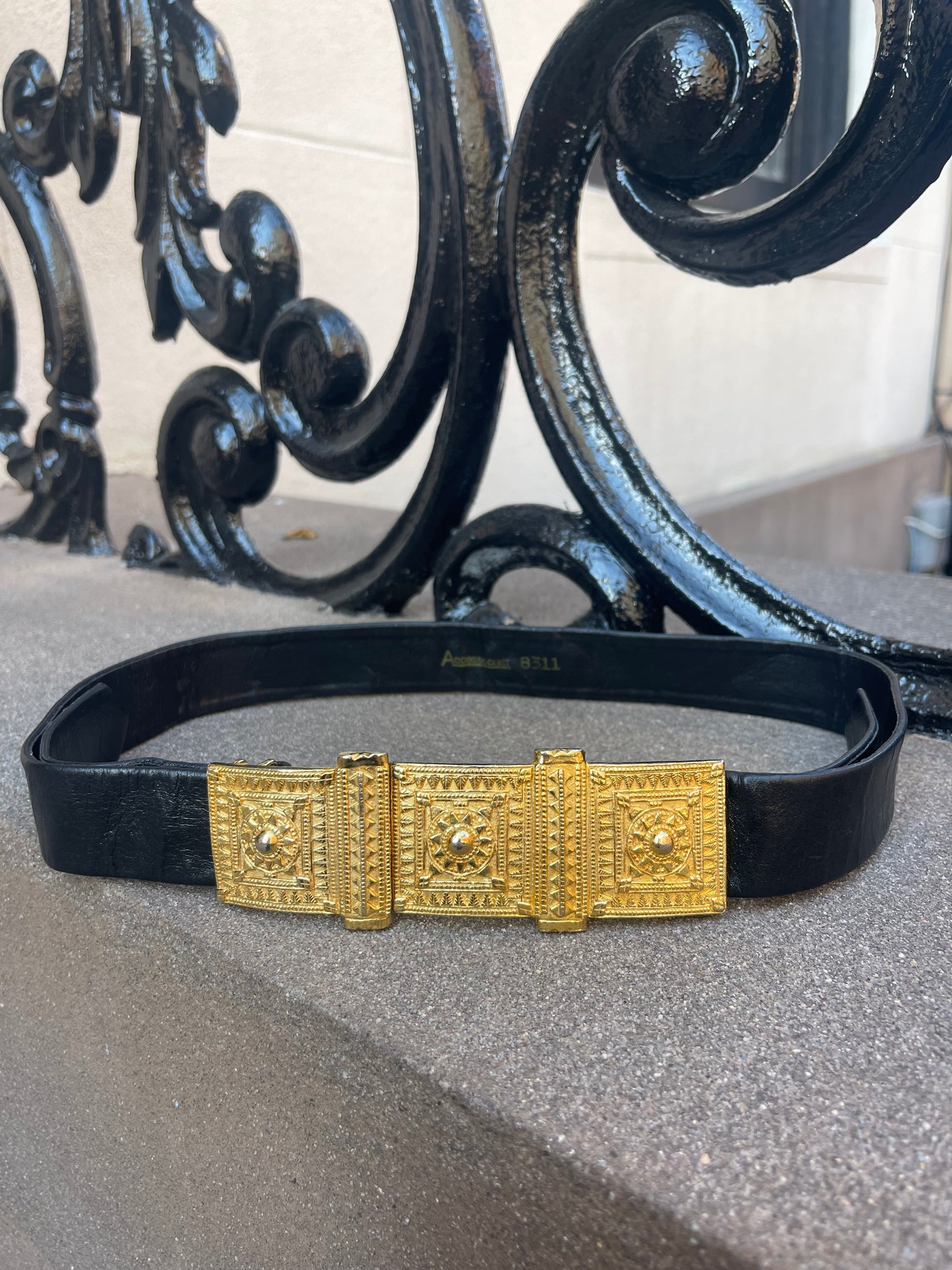 80s black leather gold buckle belt
