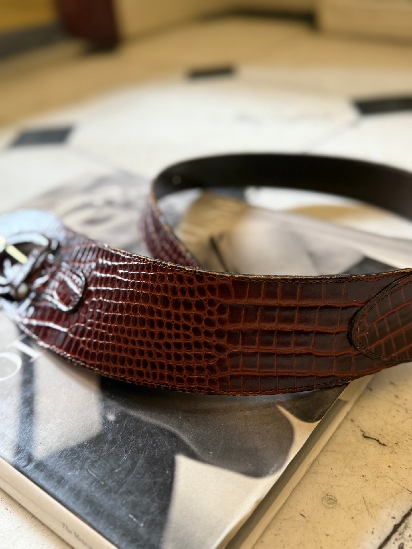 80s Brown Embossed Leather Belt, 27"-31"