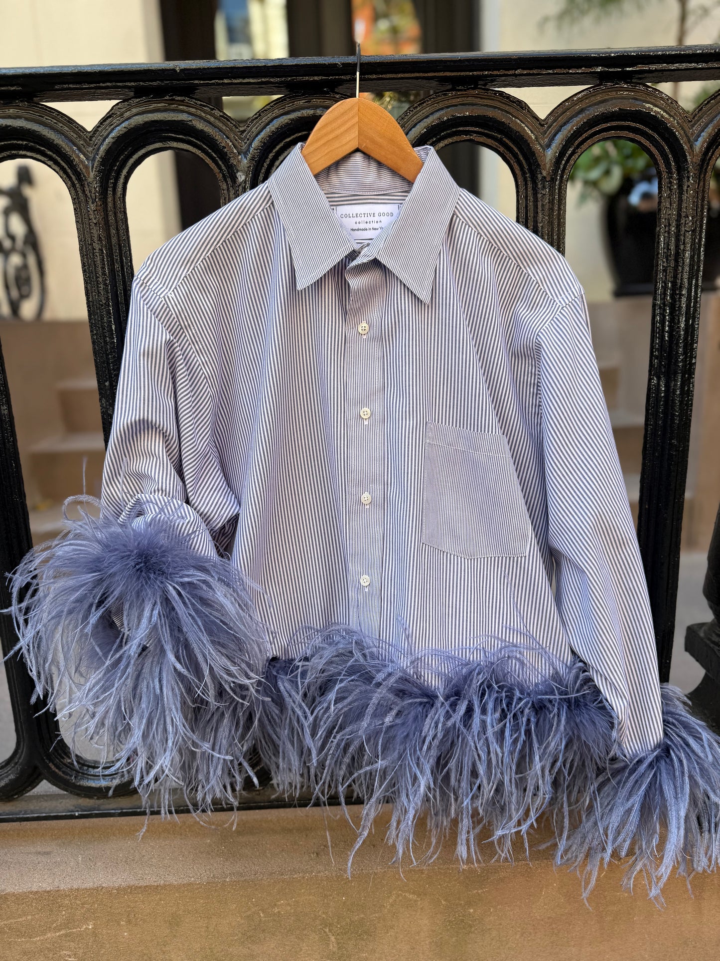 The Colette Feather Shirt - White/Navy Pinstripe & Denim