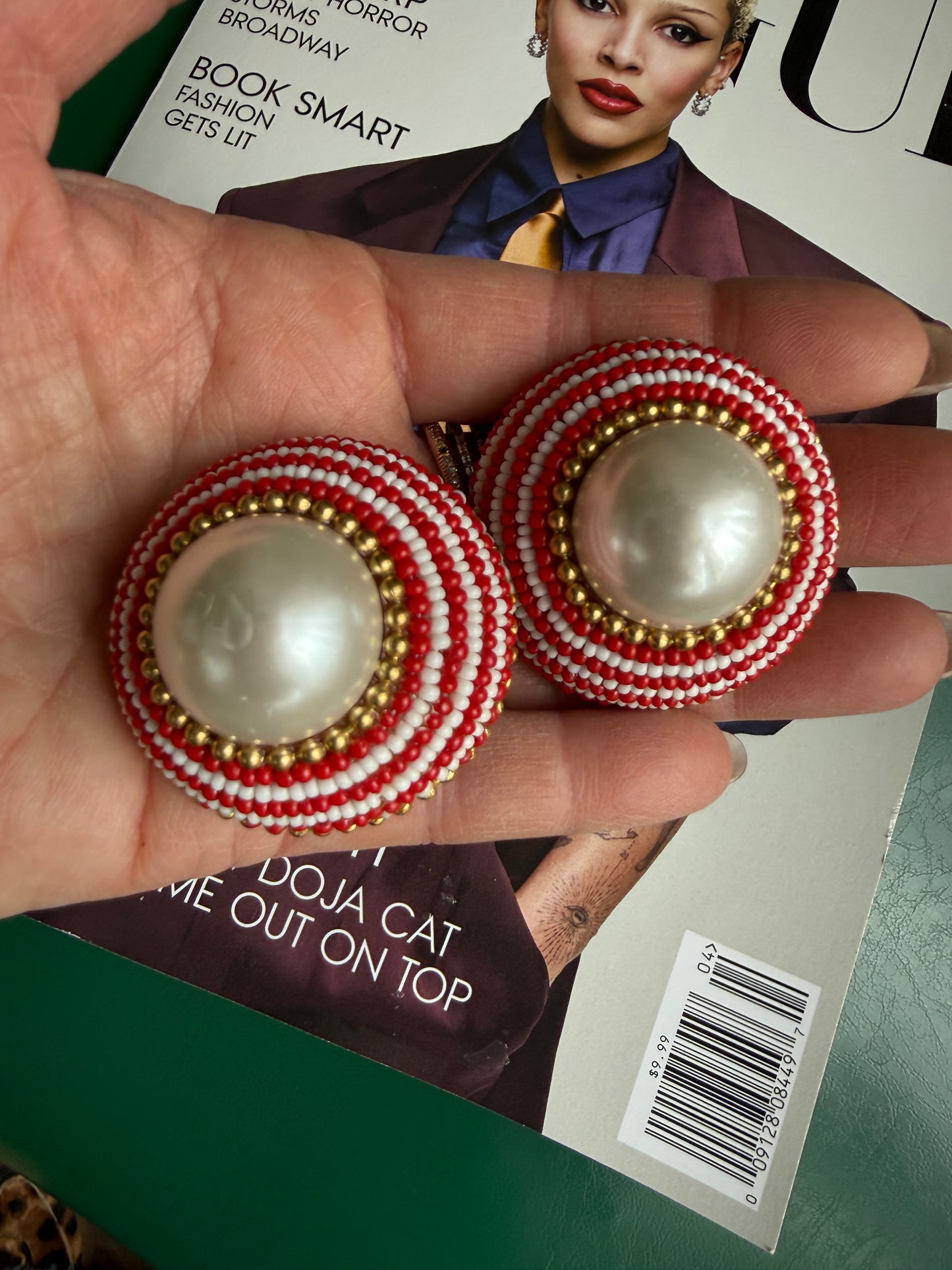 Vintage Red & White large button earrings