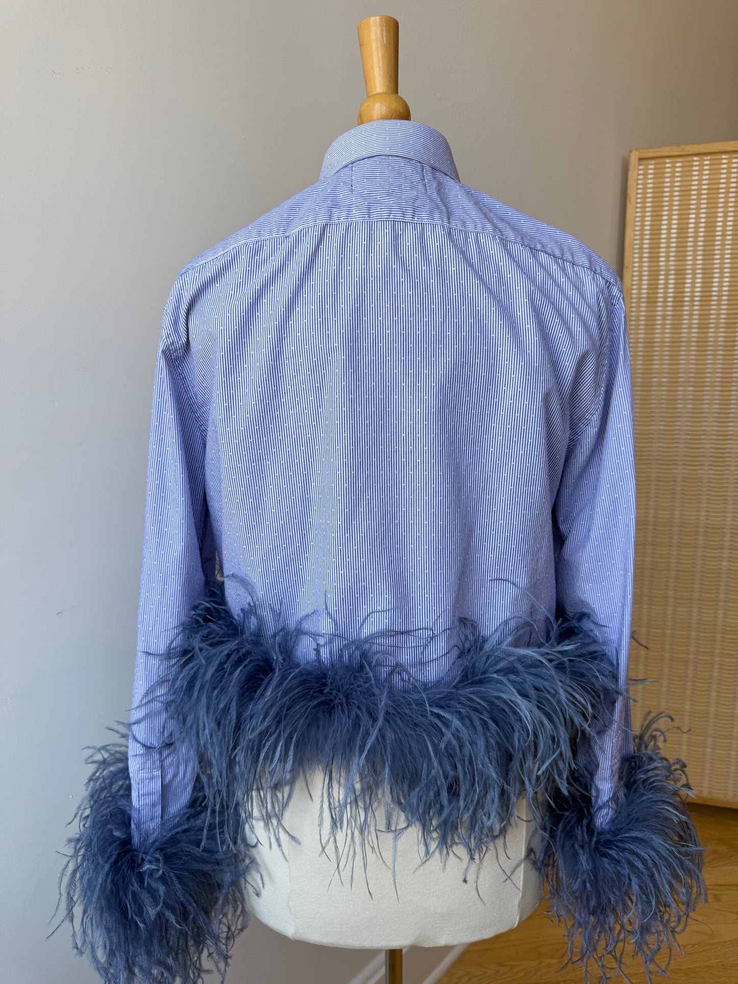 The Colette Feather Shirt - blue pinstripe microdot & denim