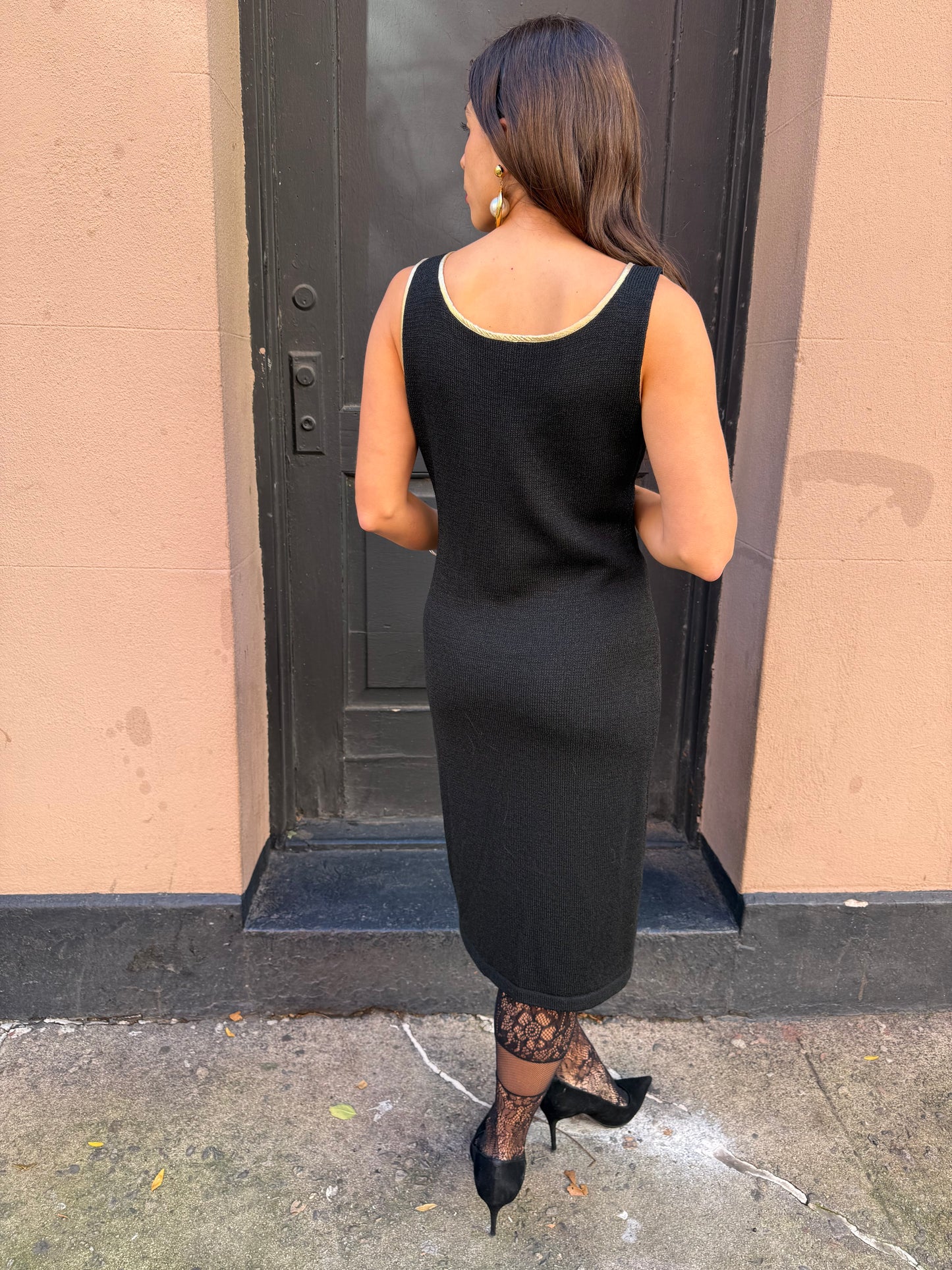 Vintage Italian Black Knit Dress with Gold Trim