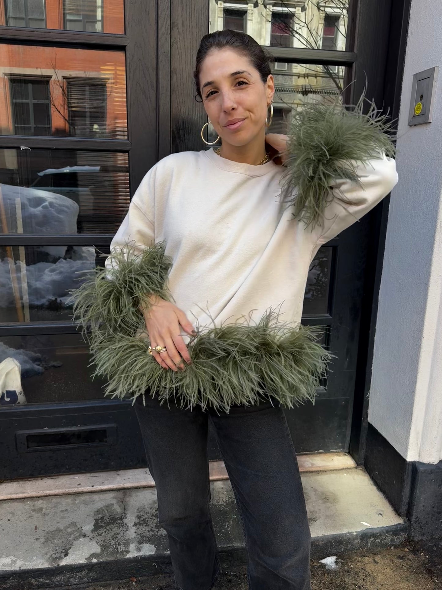 The Coco Feather Sweatshirt - Cream & green