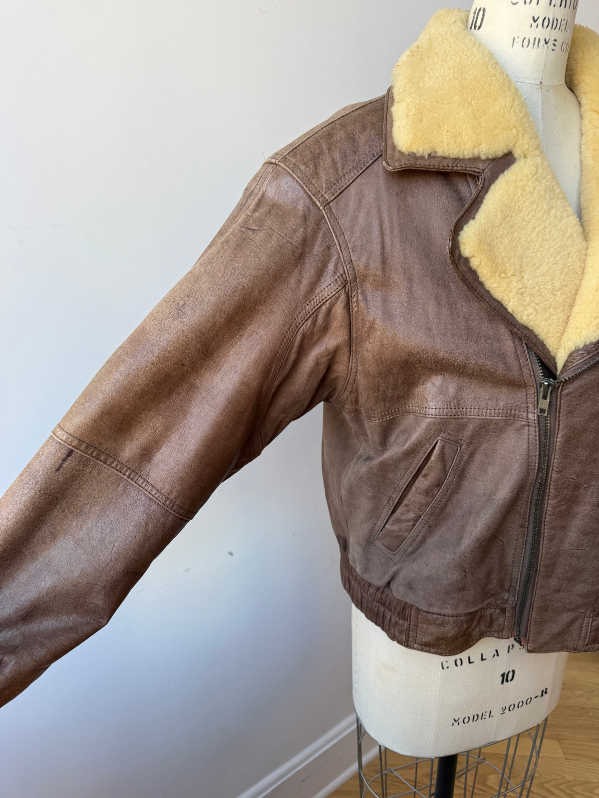80s Distressed Leather Aviator Bomber Jacket