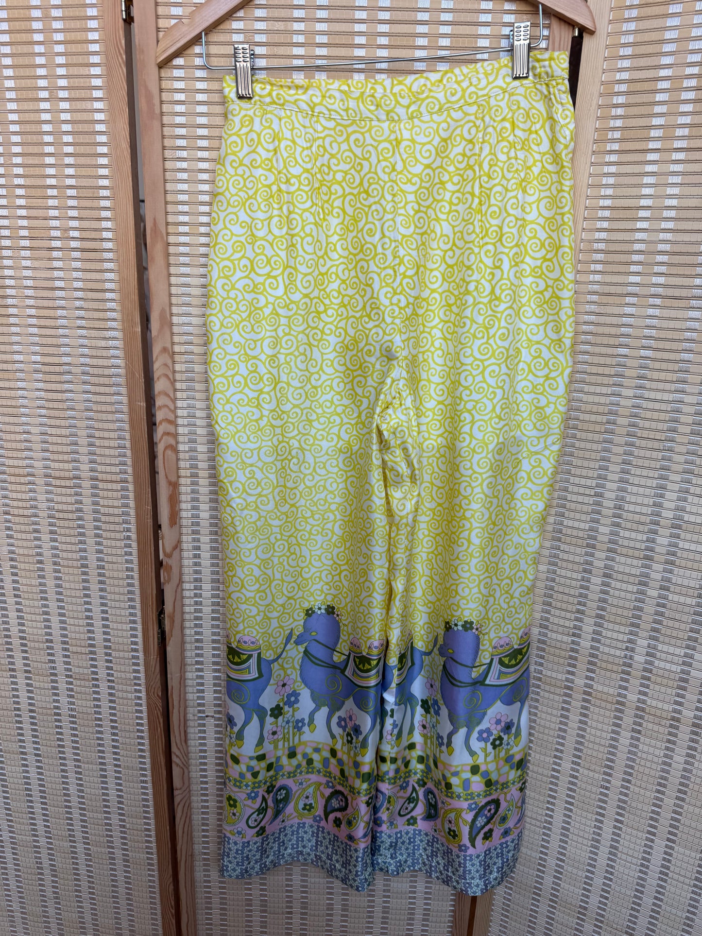 70s Yellow Silk Novelty Print Wide Leg Pant