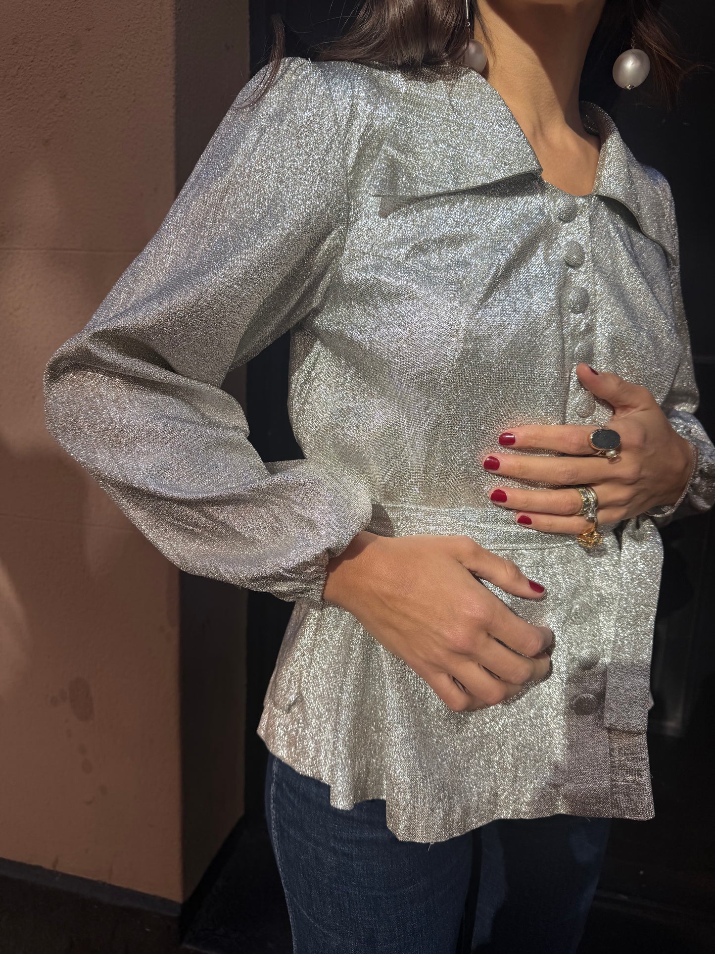60s French Silver Lame Peplum Blouse
