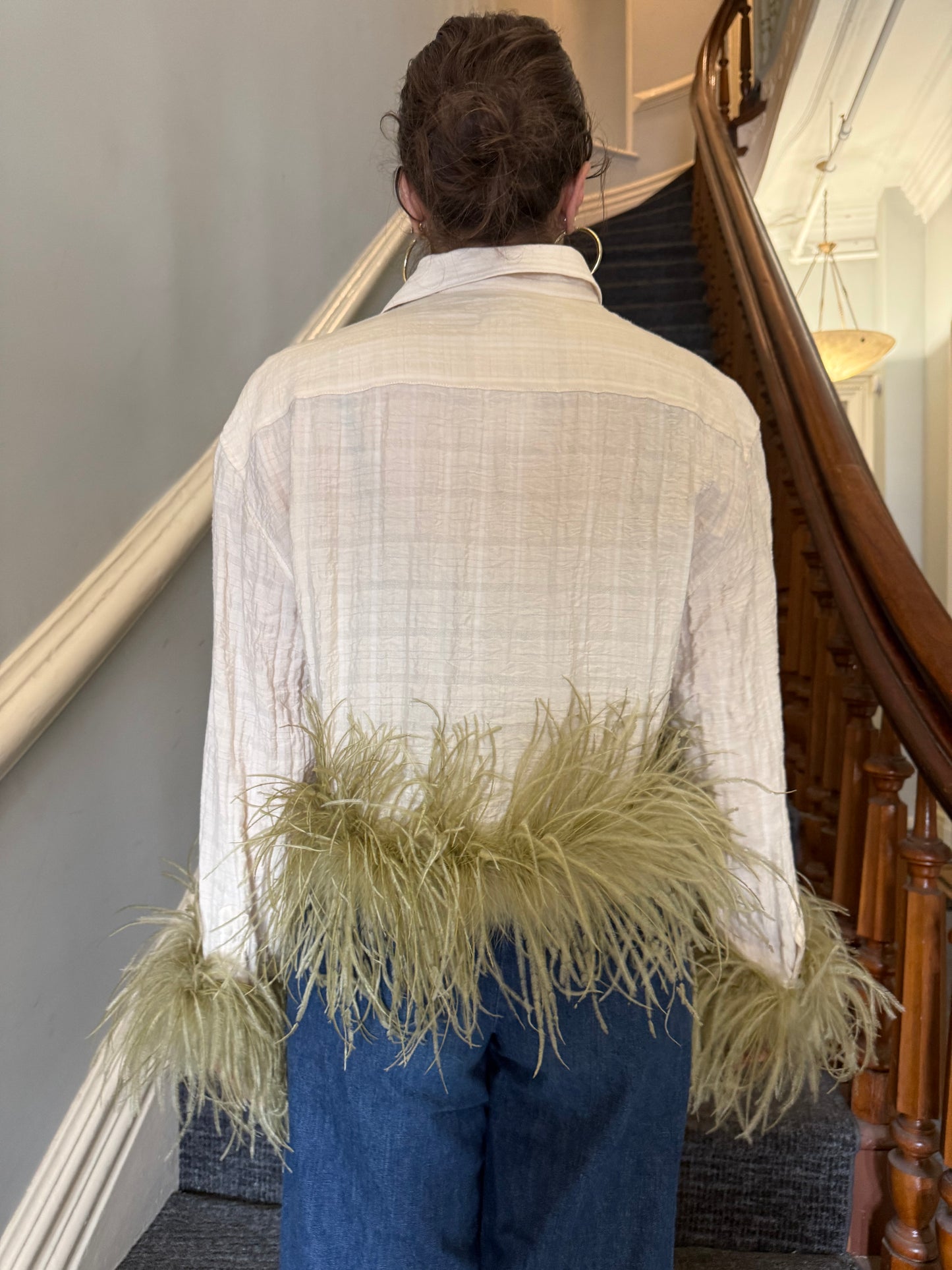 The Colette Feather Shirt - Ivory & Sage