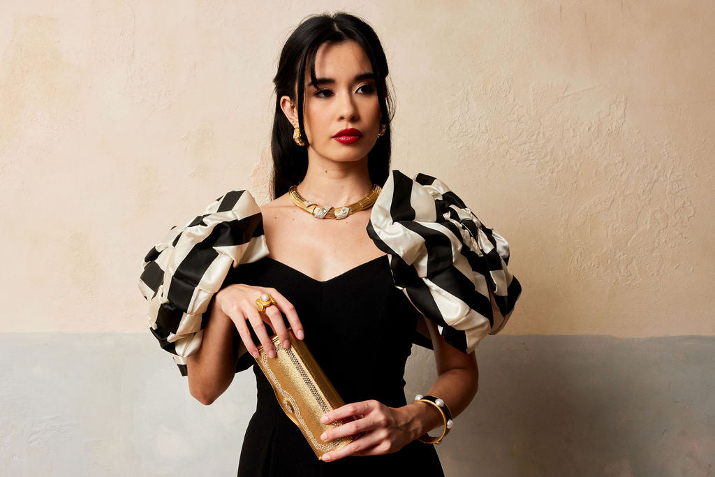 80s RARE Victor Costa black striped bow shoulder gown