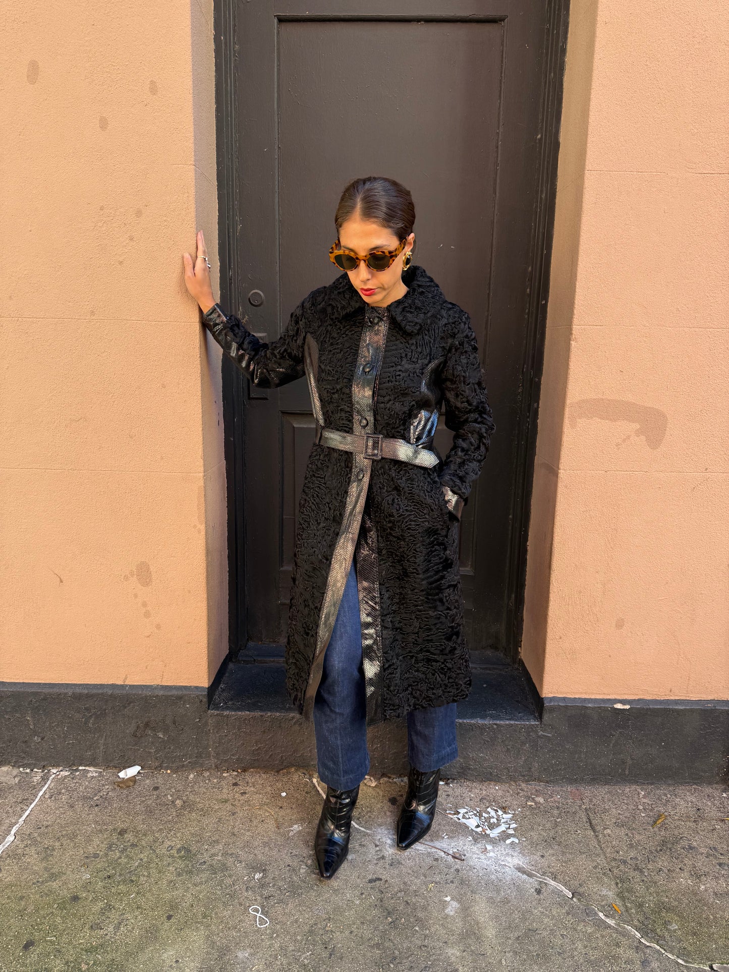 Vintage Parisian Lamb with Snakeskin Trim Black Coat