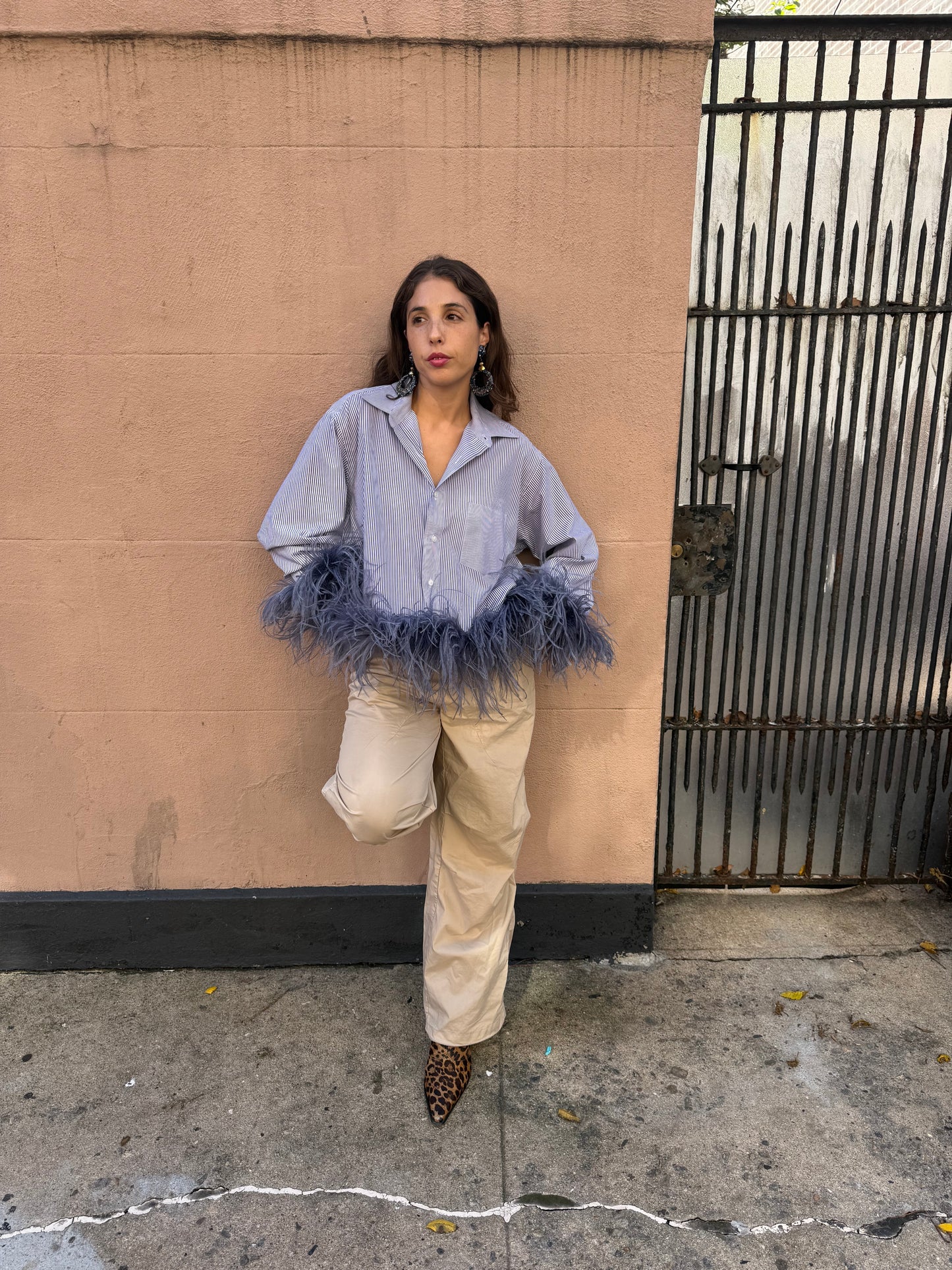 The Colette Feather Shirt - White/Navy Pinstripe & Denim