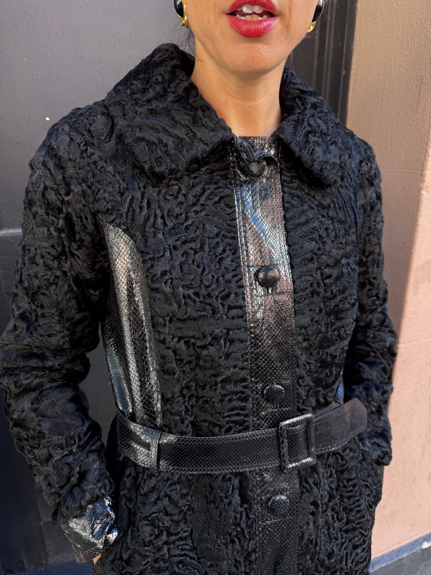 Vintage Parisian Lamb with Snakeskin Trim Black Coat