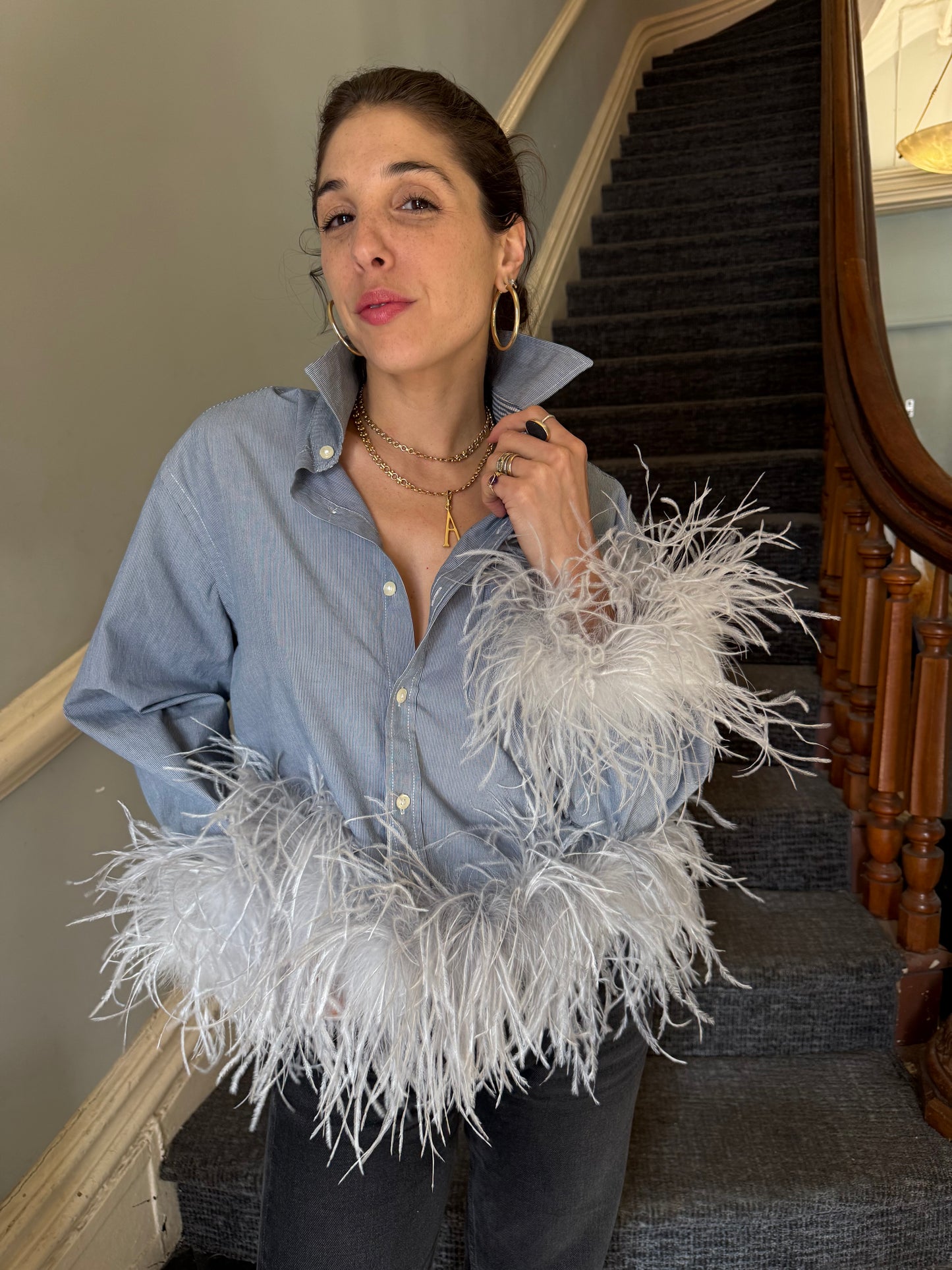 The Colette Feather Shirt - blue pinstripe & grey