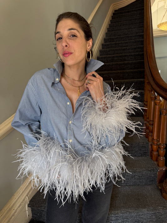 The Colette Feather Shirt - blue pinstripe & grey