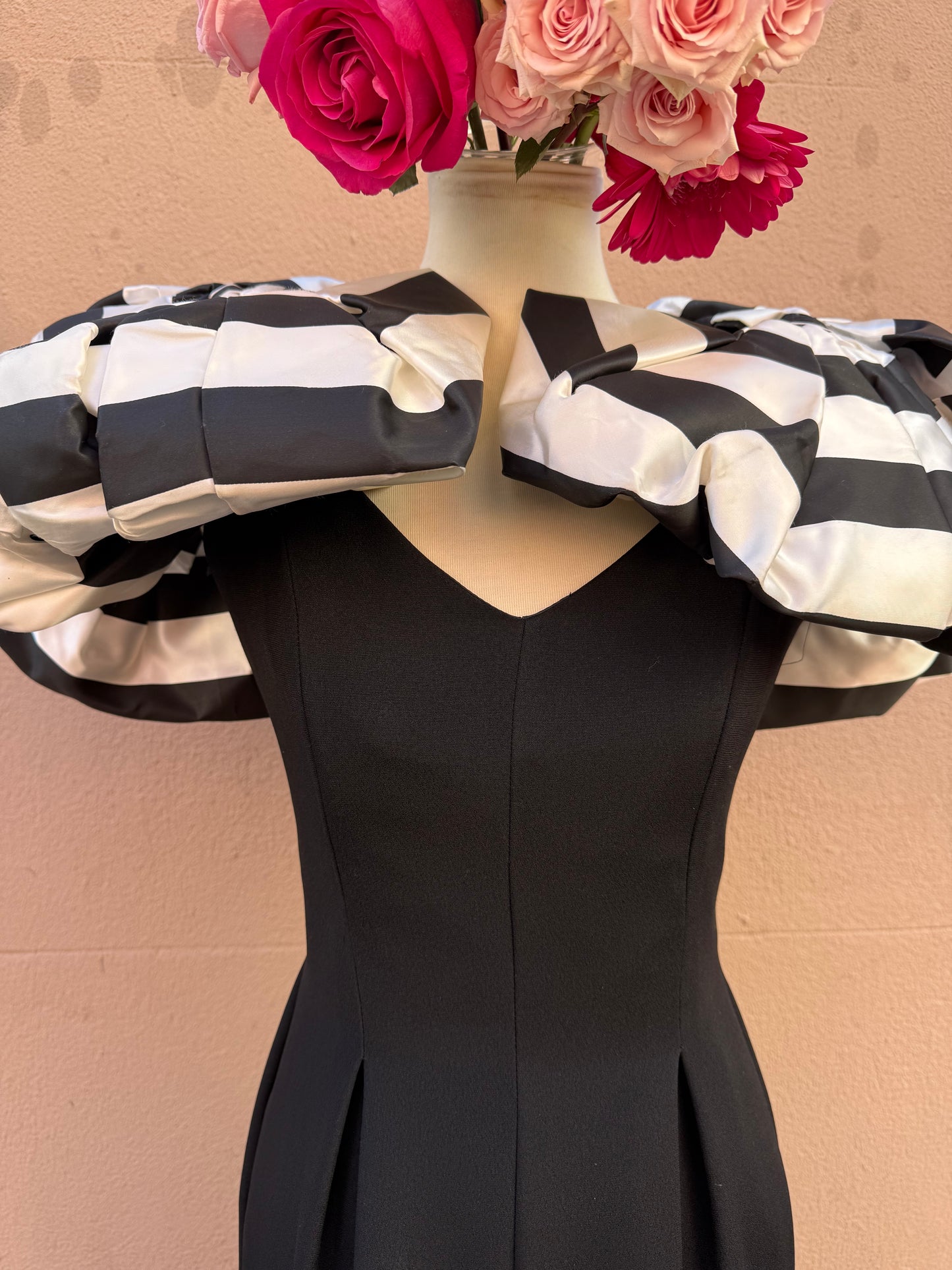 80s RARE Victor Costa black striped bow shoulder gown