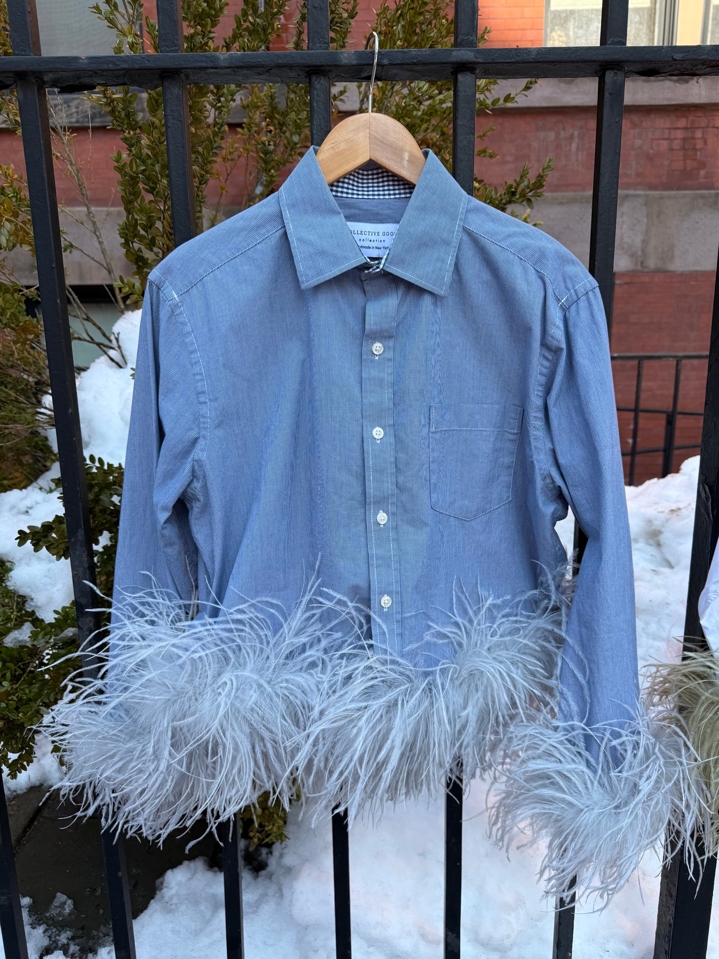 The Colette Feather Shirt - blue pinstripe & grey