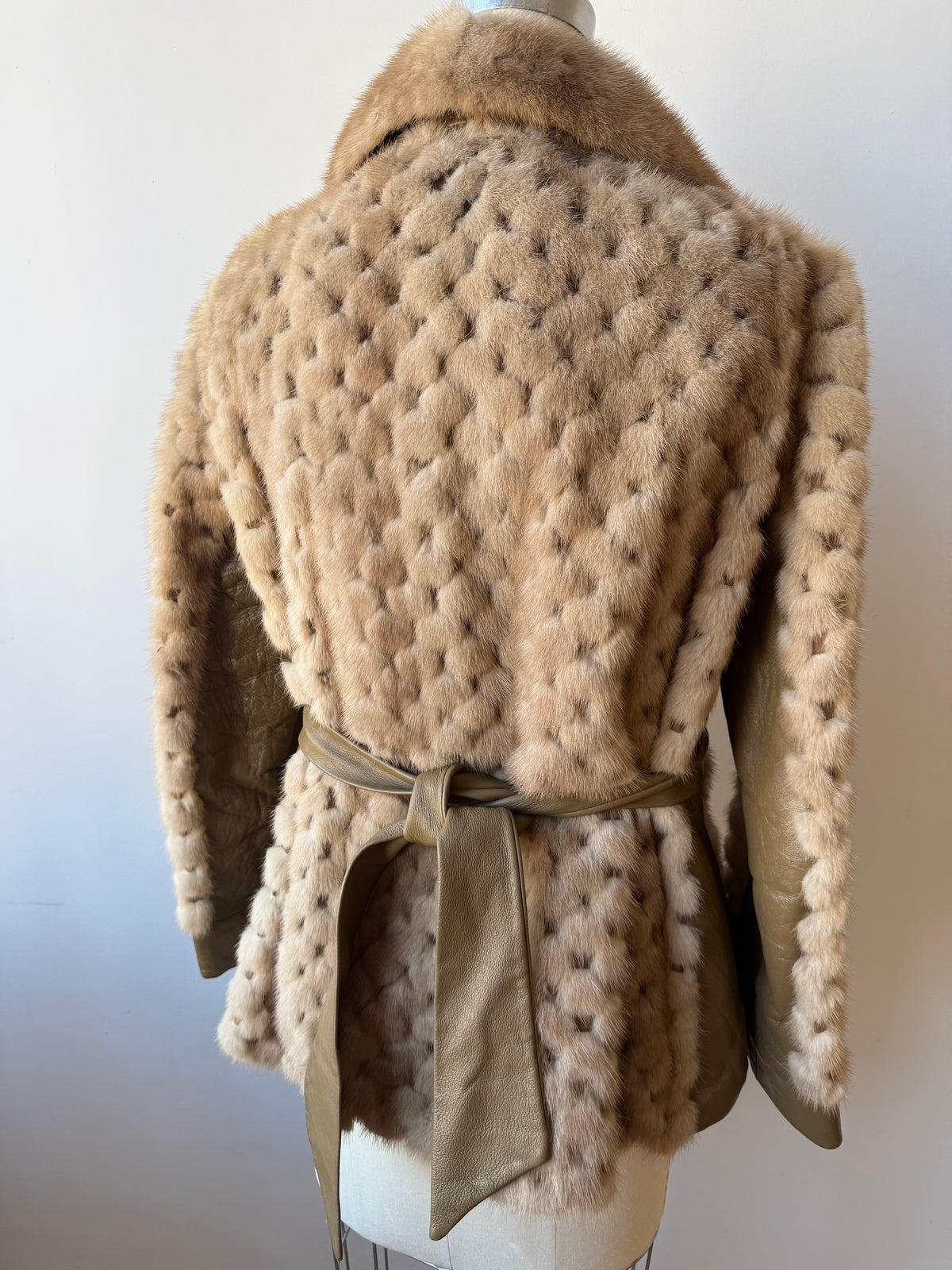 70s Beige Mink & Leather Coat . Belt