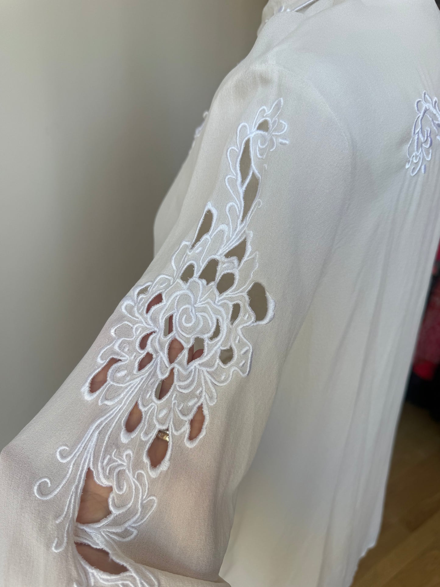 90s Bob Mackie White Silk Cutaway & Embroidered Blouse