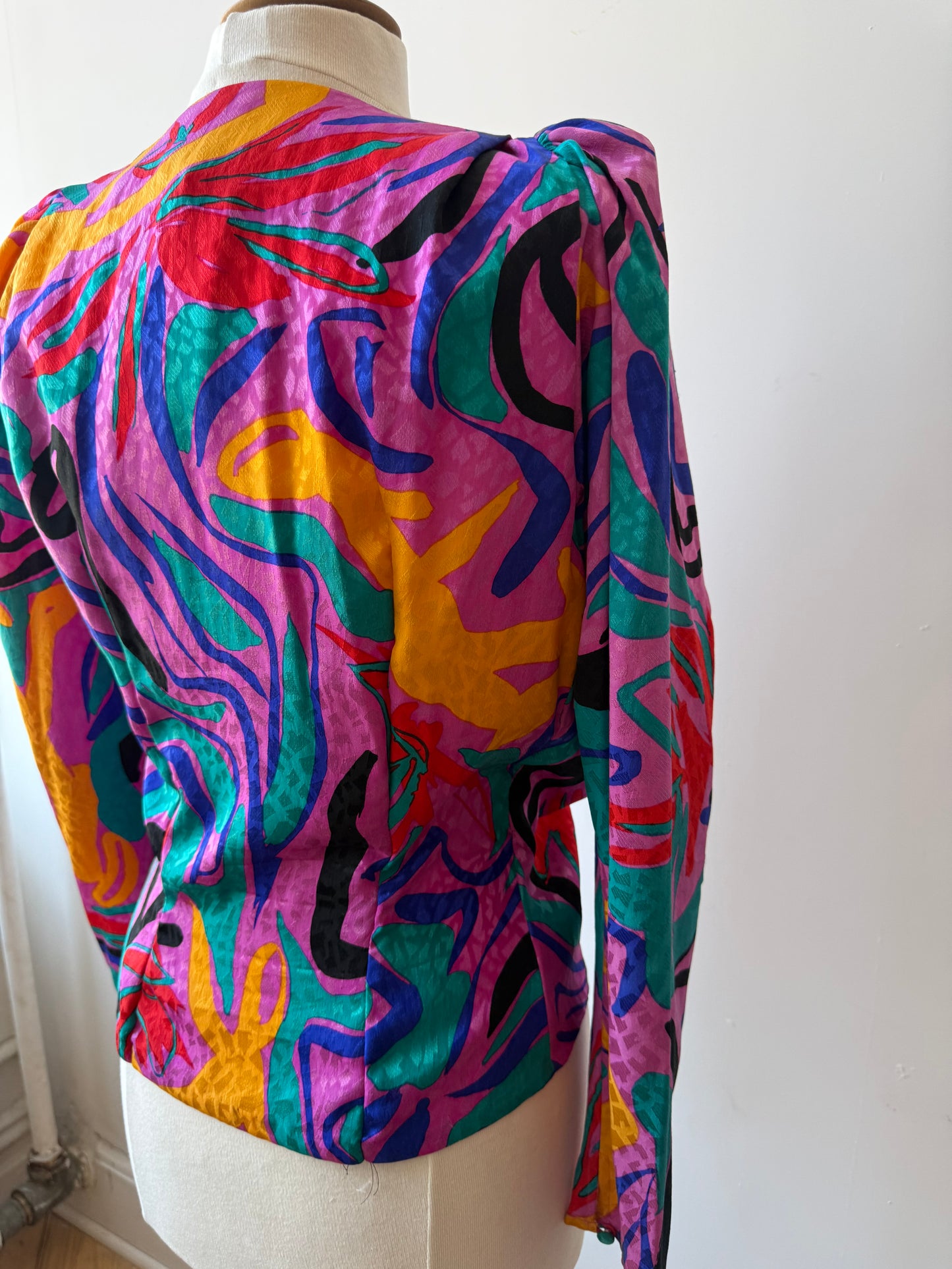 80s Flora Kung Multicolor Silk Blouse