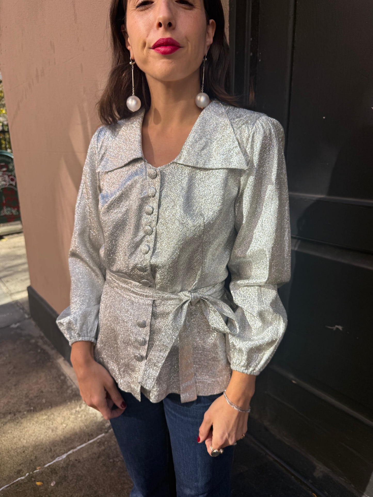 60s French Silver Lame Peplum Blouse
