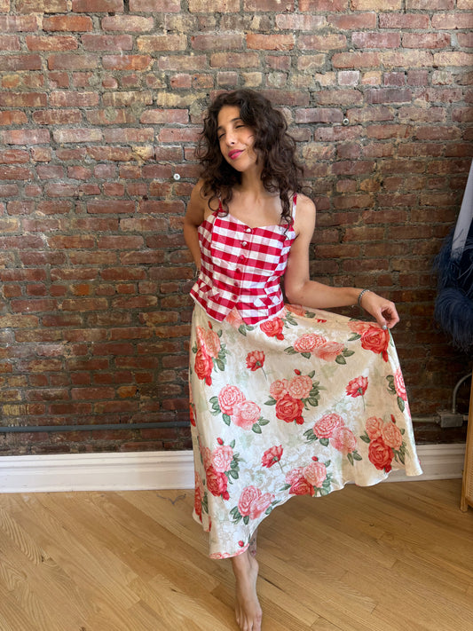 90s silk floral print midi skirt
