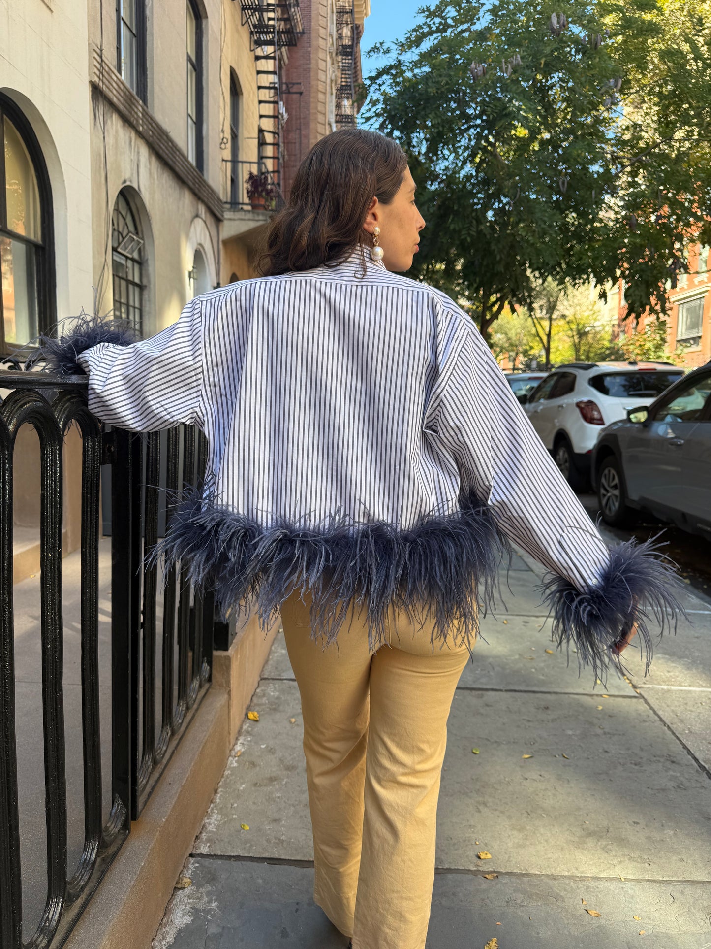 The Colette Feather Shirt - Pinstripe & Navy