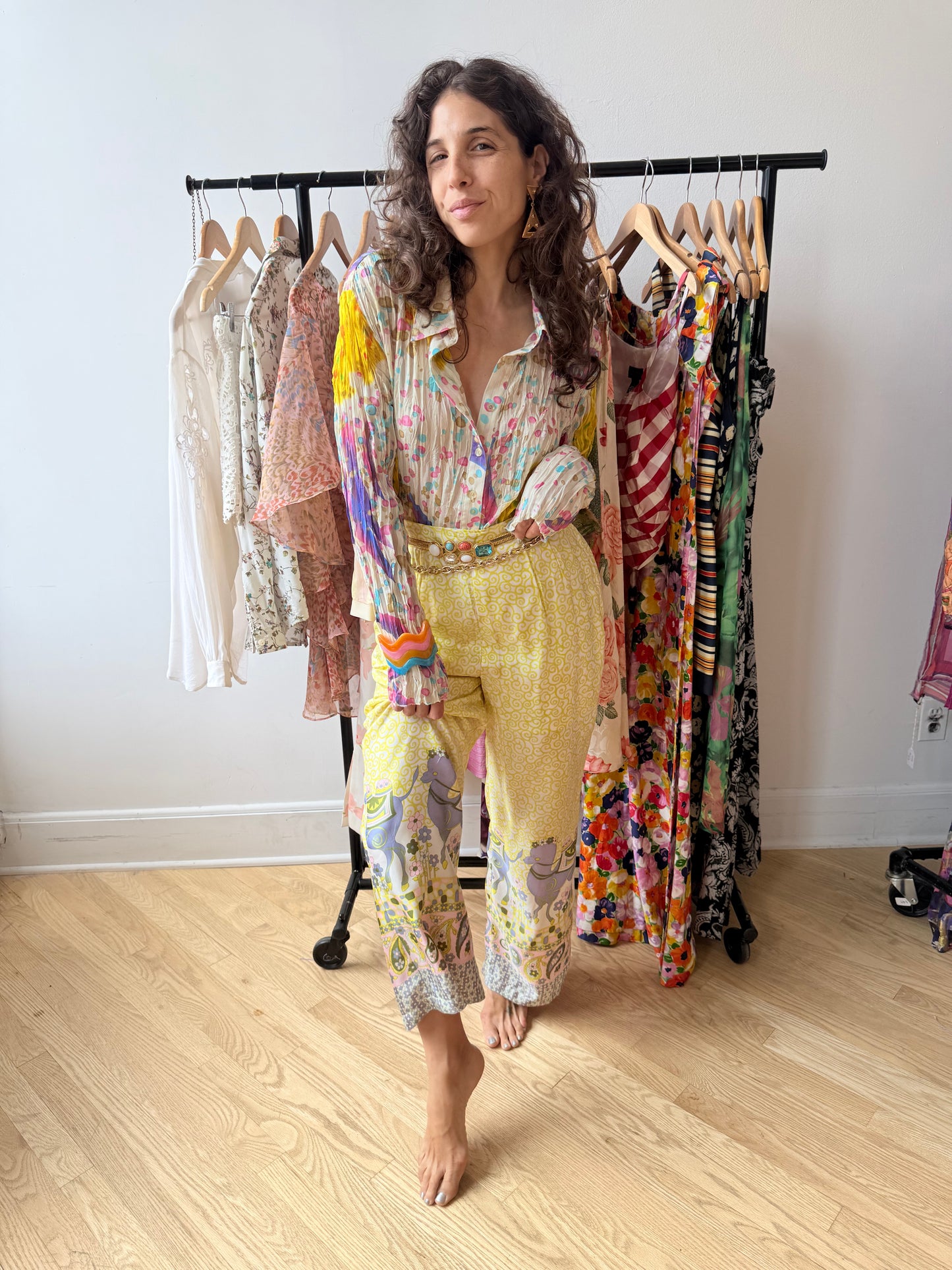 70s Yellow Silk Novelty Print Wide Leg Pant
