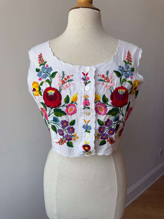 Vintage Hungarian Kalocsa Hand Embroidered Floral Top