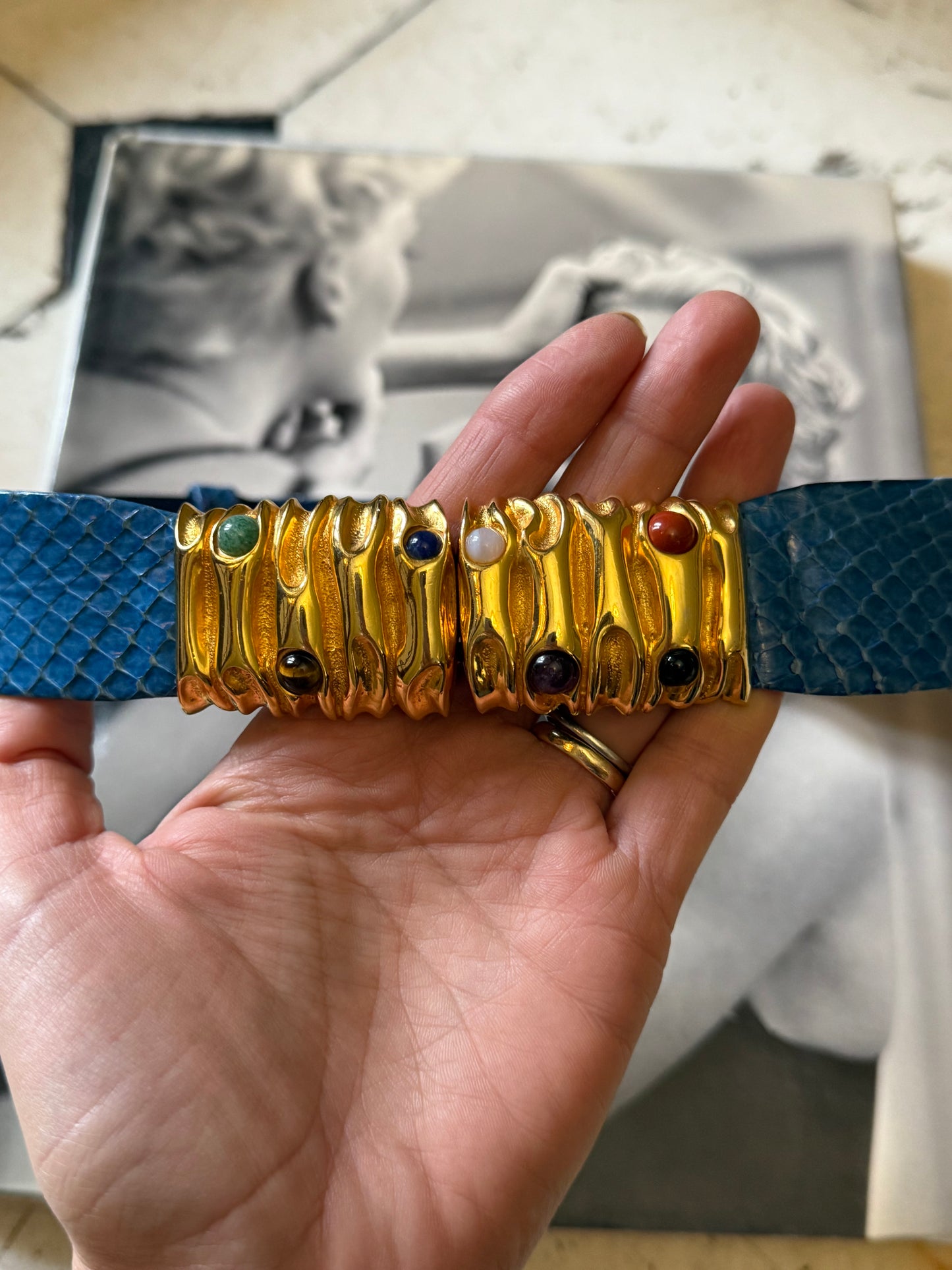 Judith Leiber Blue Snakeskin Belt, up to 33"