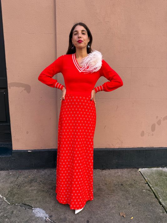 70s Red Knit Maxi Dress w silver detail